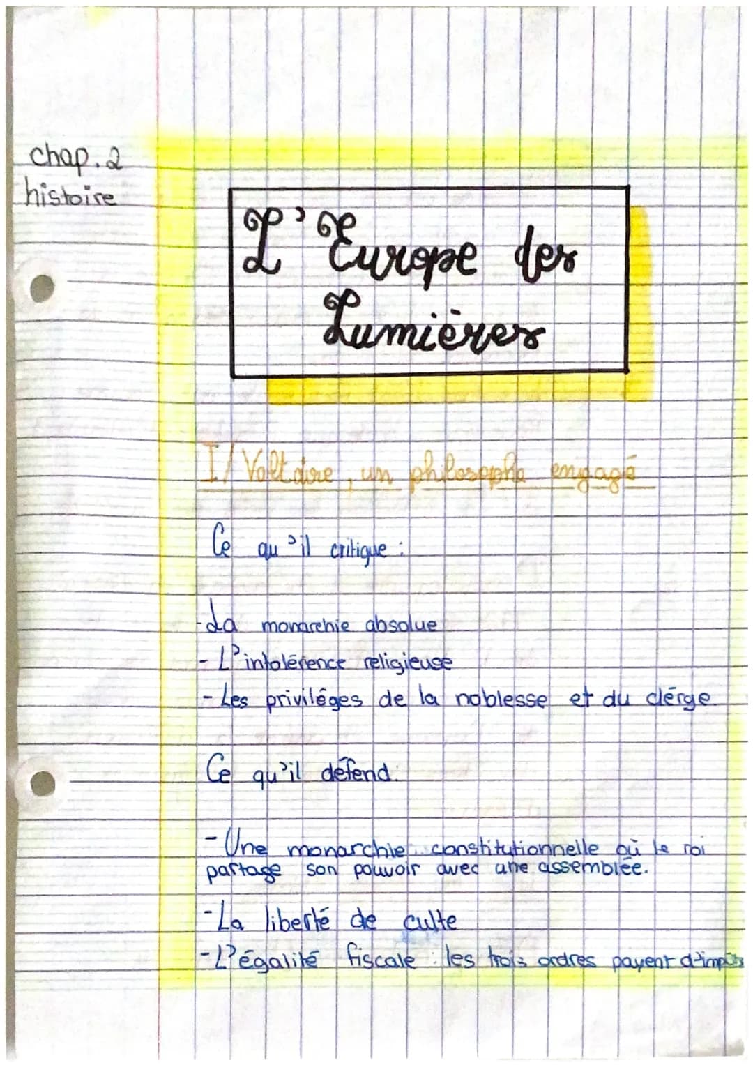 chap. 2
histoire
L'Europe des
Lumières
T! Volt dire
Ce
Voltaire, un philosophe
qu'il critique
enidage
da monarchie absolue
- L'intolérence r