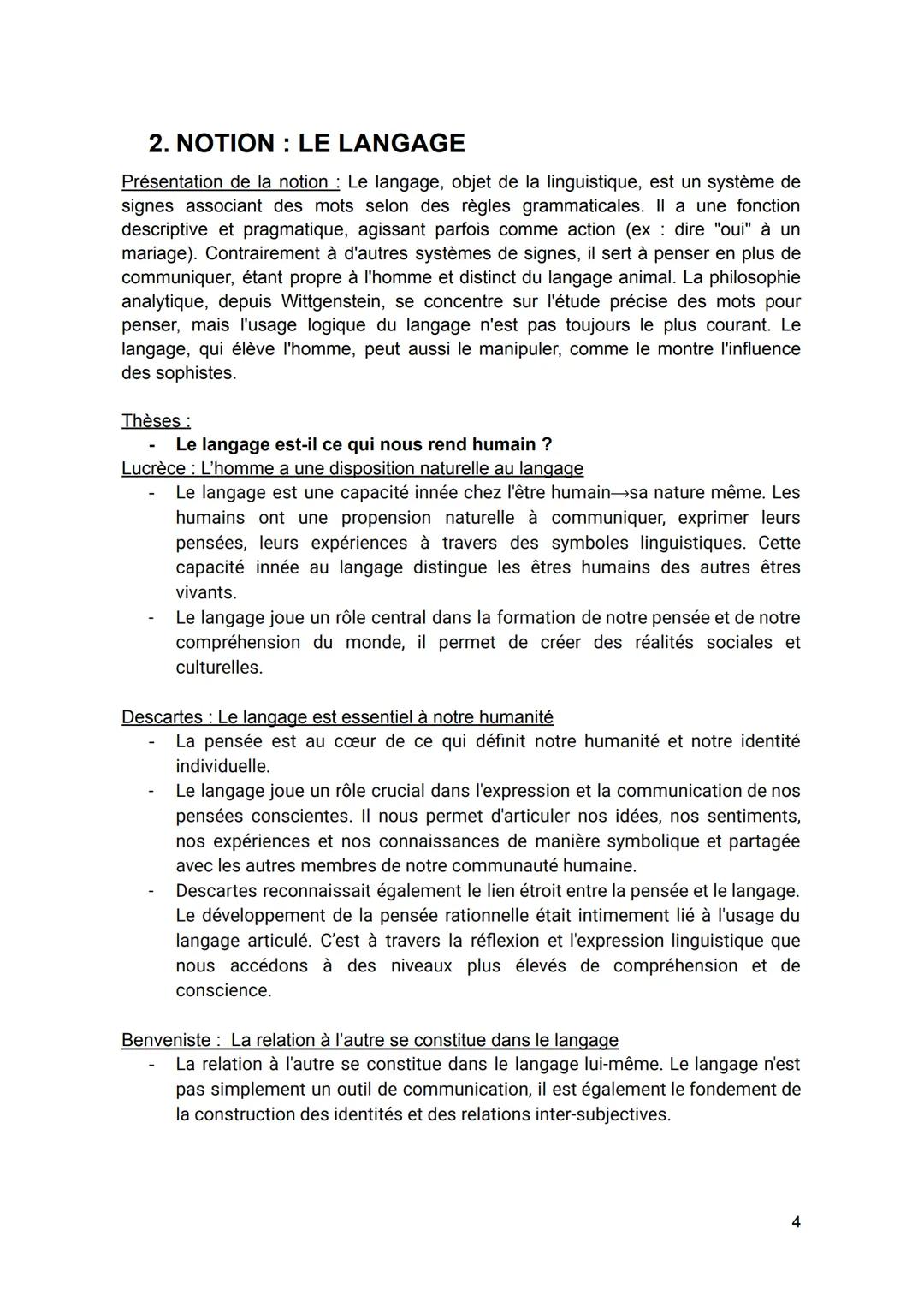2. NOTION: LE LANGAGE

Présentation de la notion: Le langage, objet de la linguistique, est un système de
signes associant des mots selon de