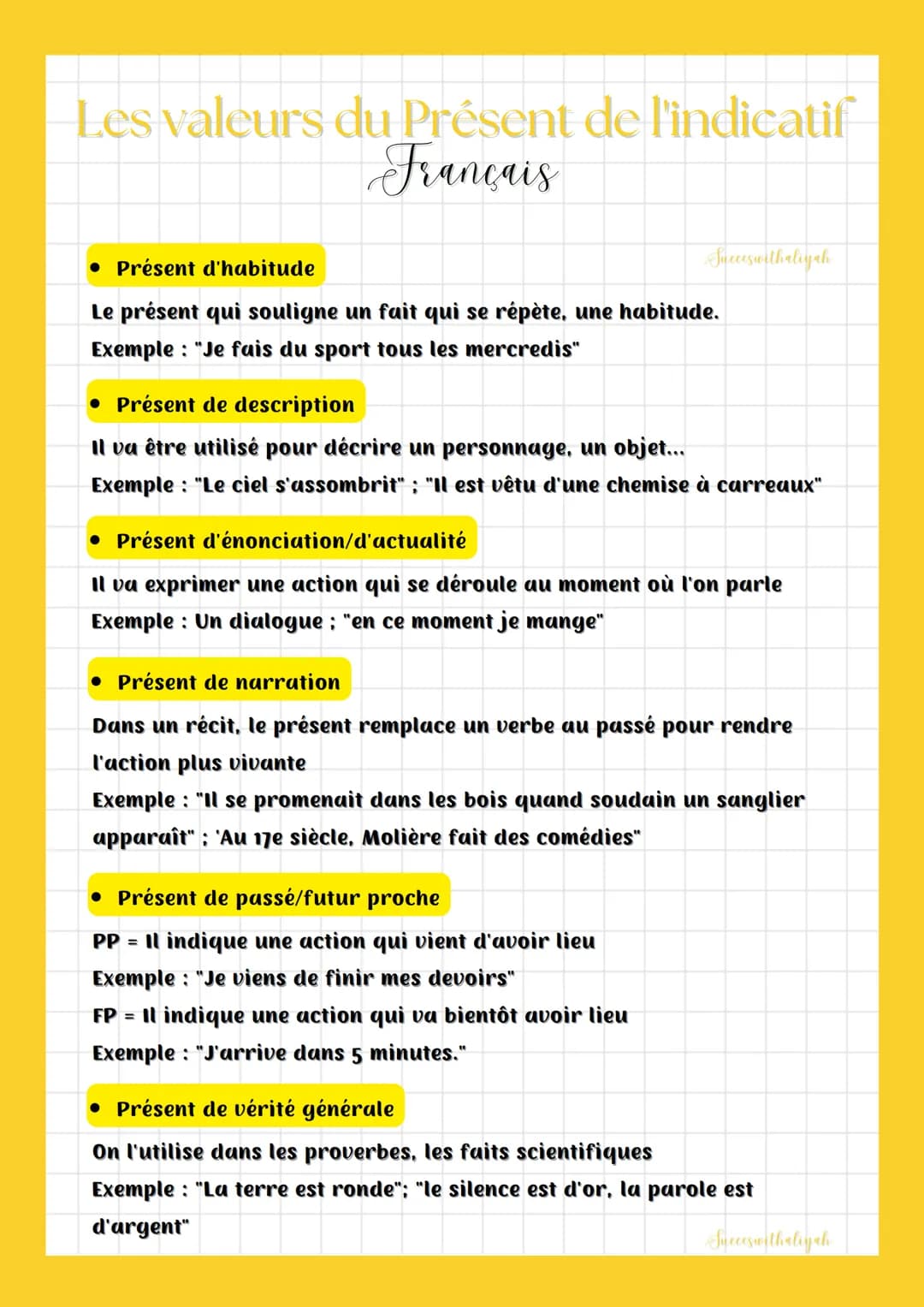 Les valeurs du Présent de l'indicatif
Français
Succes with aliyah
Présent d'habitude
Le présent qui souligne un fait qui se répète, une habi