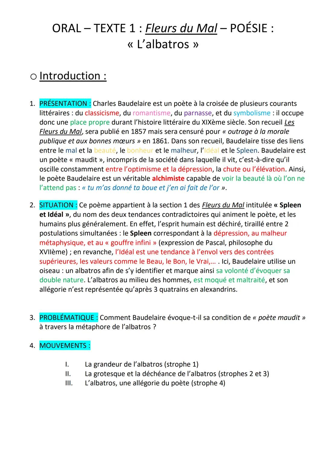 ORAL - TEXTE 1: Fleurs du Mal - POÉSIE :
<< L'albatros >>
o Introduction :
1. PRÉSENTATION : Charles Baudelaire est un poète à la croisée de