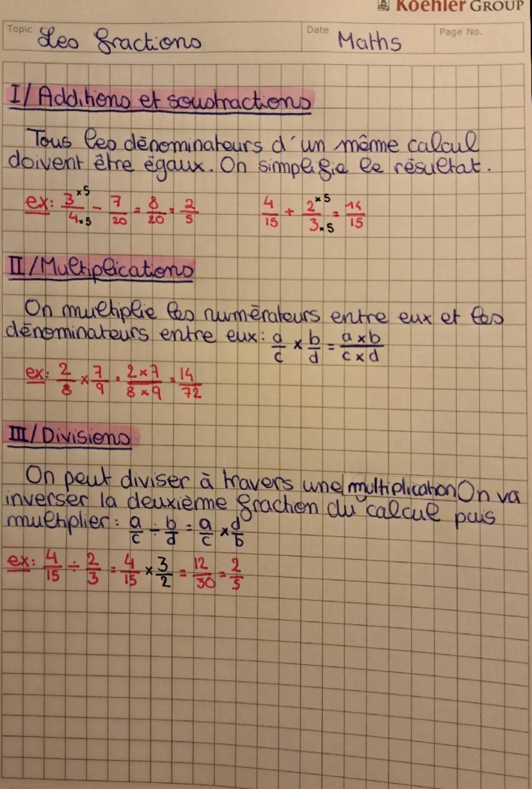 ## Topic Les fractions

## I/ Additions et soustractions

Tous les dénominateurs d'un même calcul
doivent être égaux. On simplifie le résult