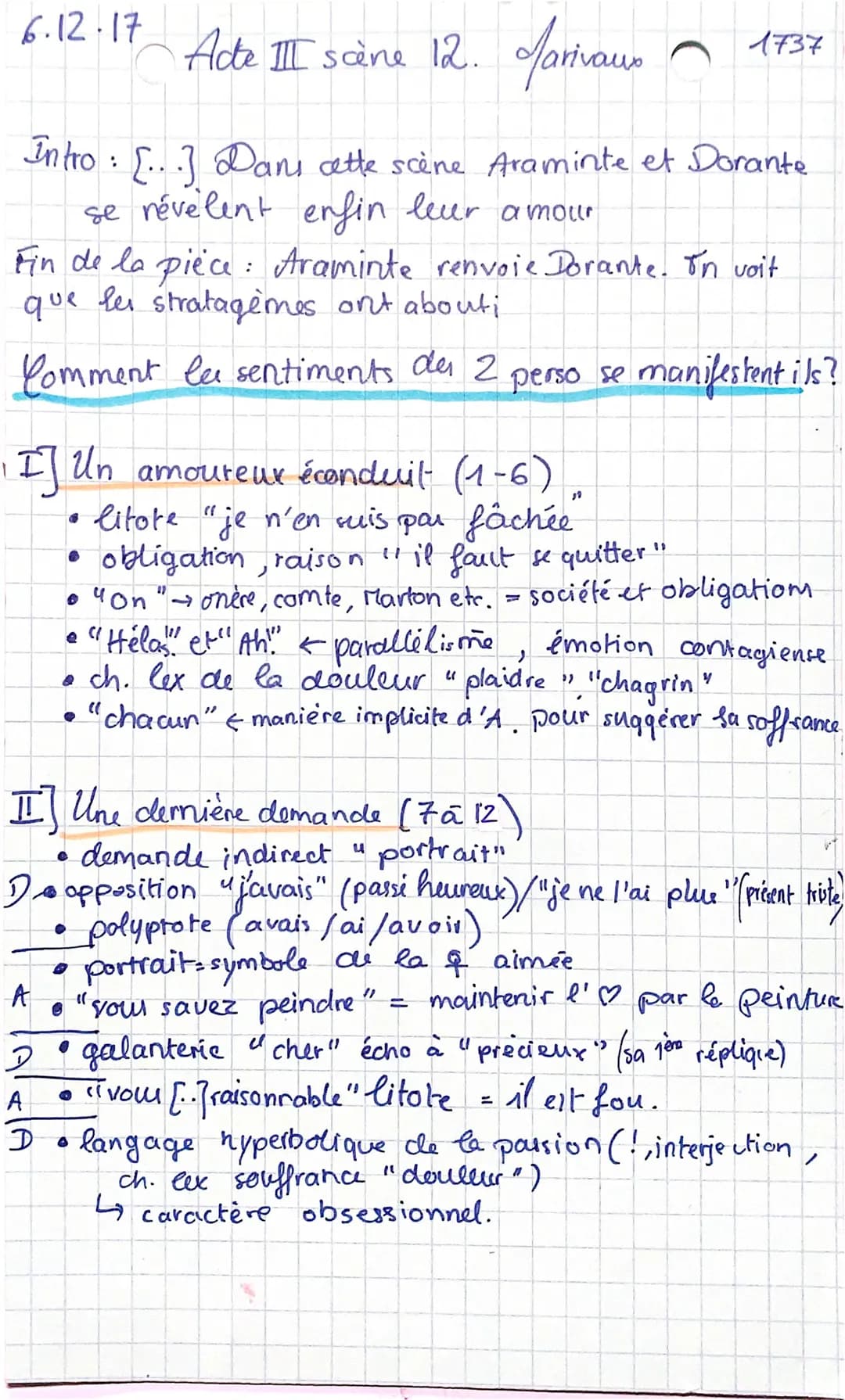 6.12.17
Acte II scène 12. Marivaus
Intro: [...] Dans cette scène Araminte et Dorante
se révèlent enfin leur amour
Fin de la pièce: Araminte 