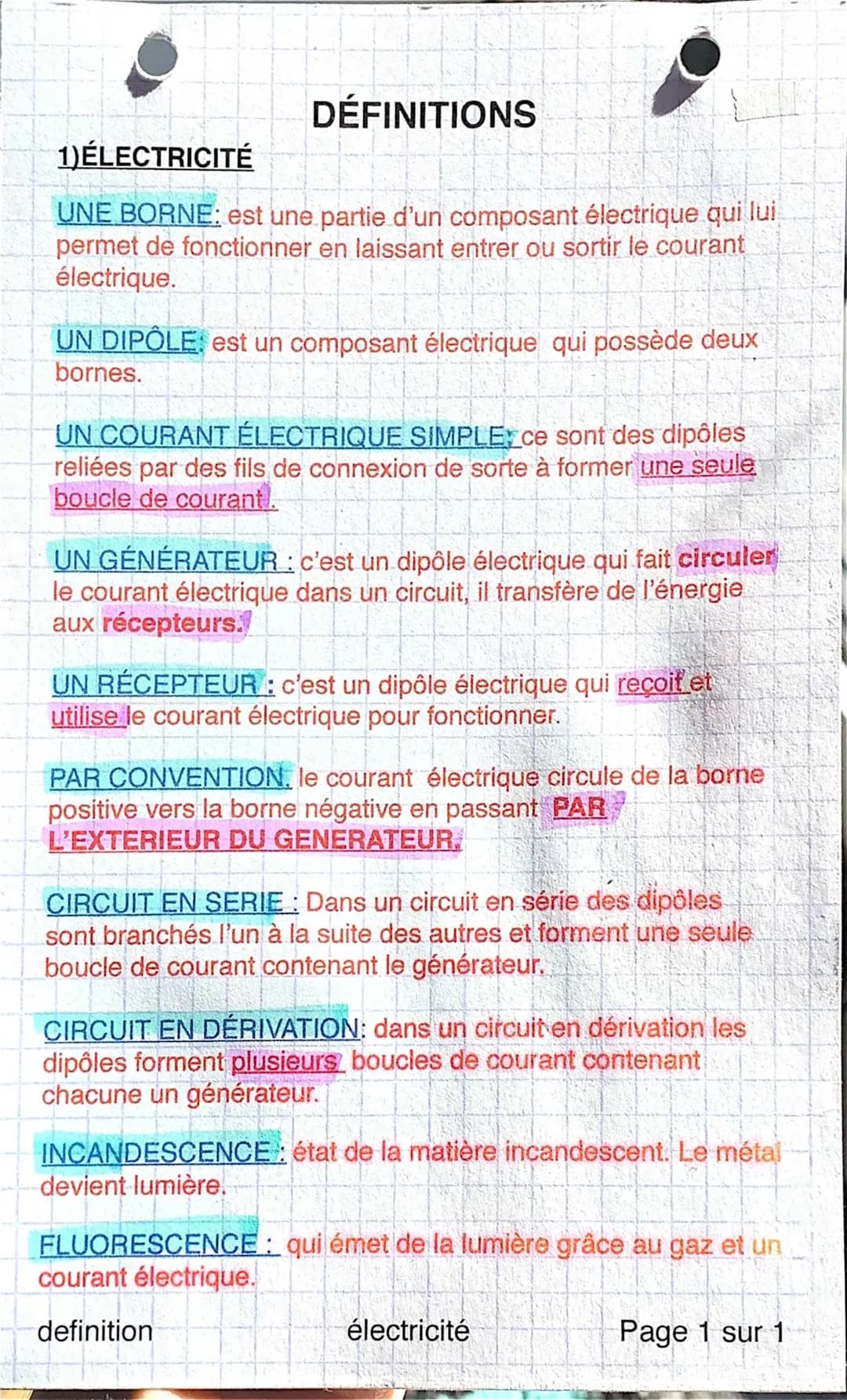 Cours électricité 5ème PDF - Fiche Révision et Exercice Corrigé, Circuit et Dipôle
