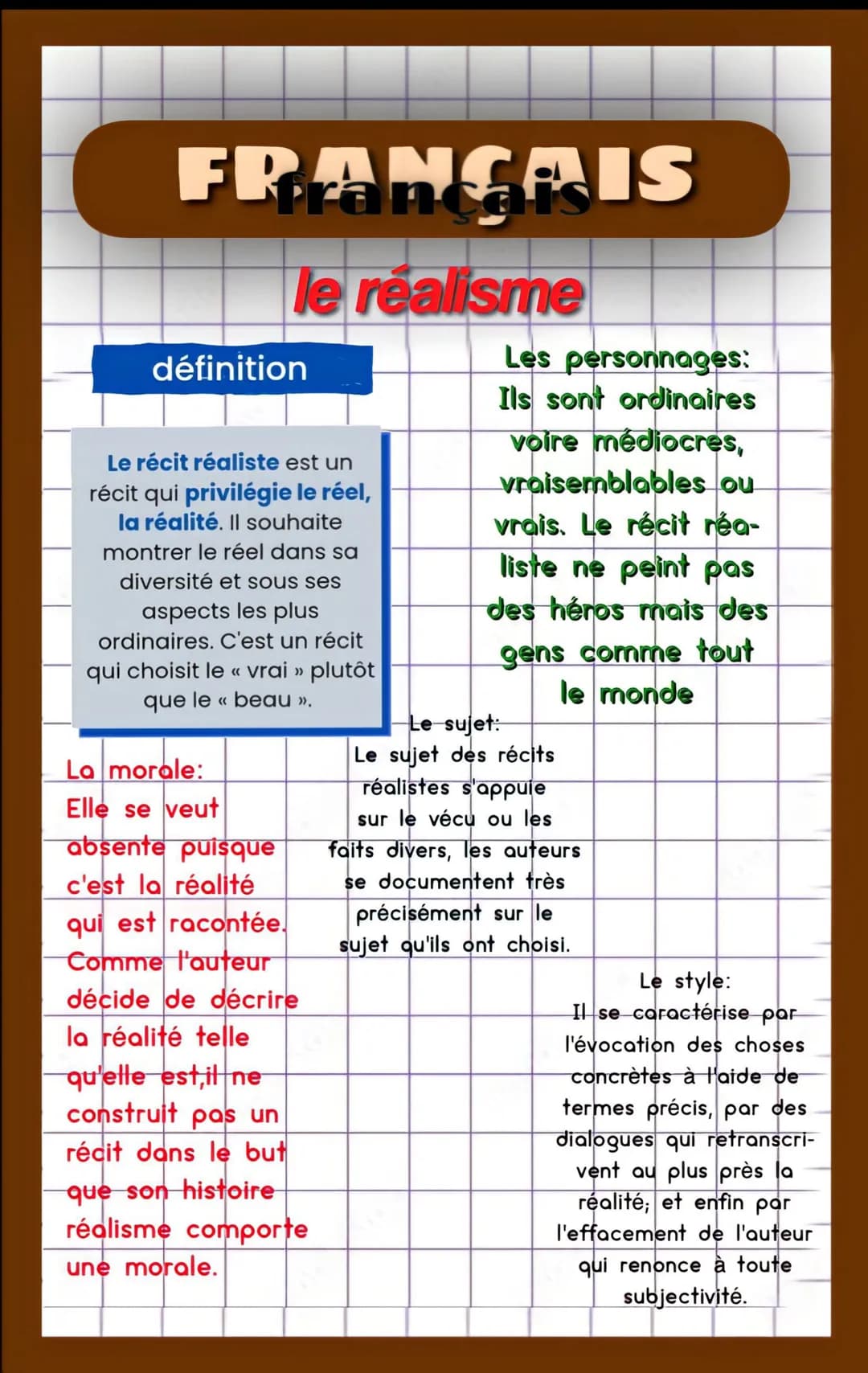FRANÇAIS
le realisme
définition
Le récit réaliste est un
récit qui privilégie le réel,
la réalité. Il souhaite
montrer le réel dans sa
diver