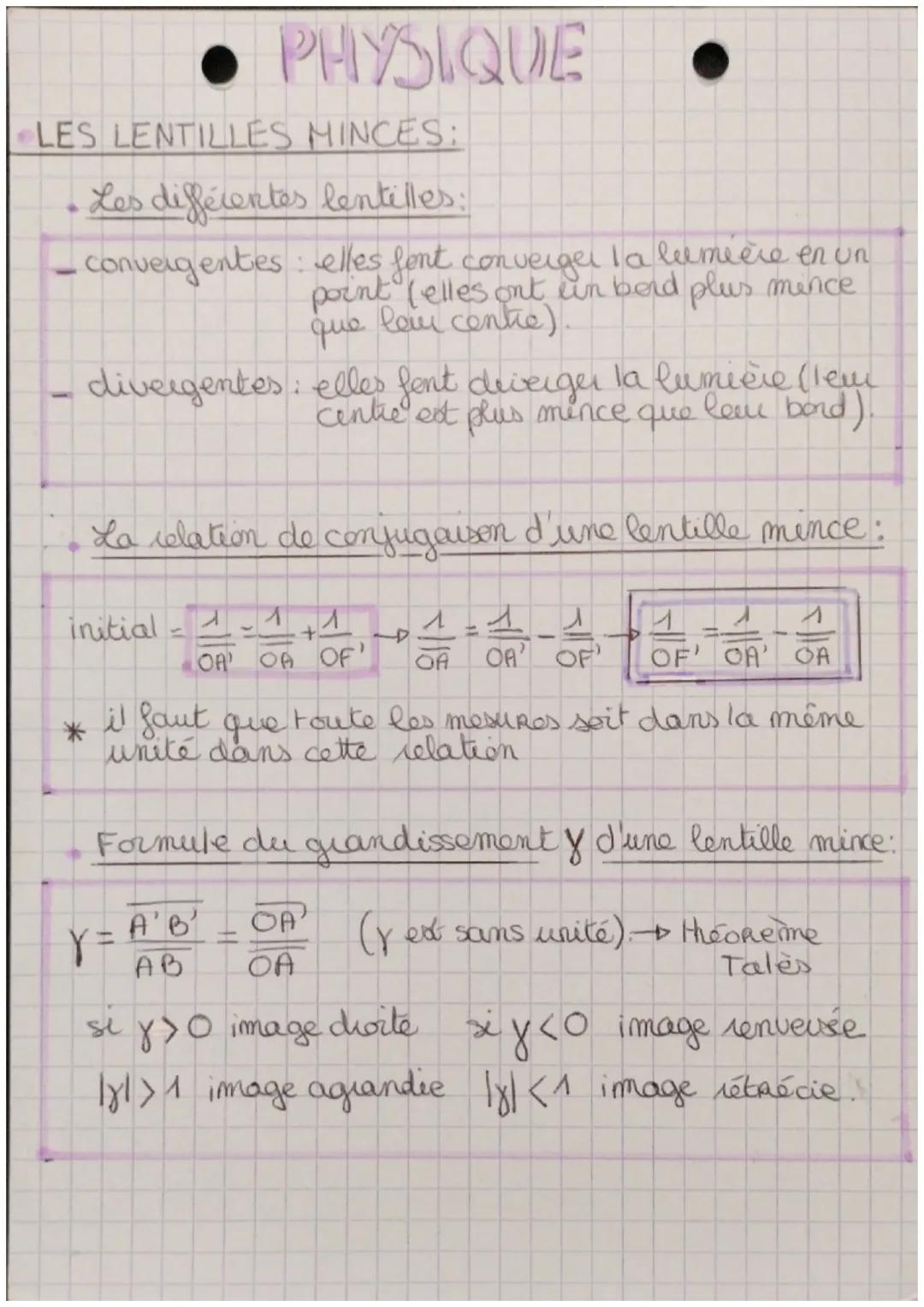 • PHYSIQUE
LES LENTILLES MINCES:
Les différentes lentilles:
• convergentes: elles font converger la lumière en un
point (elles ont un bord p