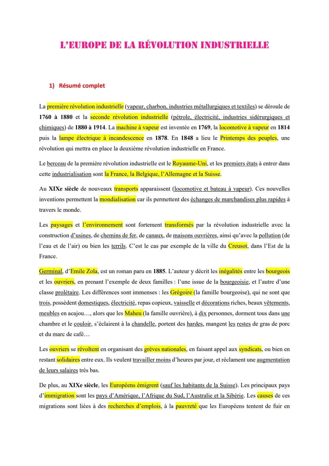 L'EUROPE DE LA RÉVOLUTION INDUSTRIELLE
1) Résumé complet
La première révolution industrielle (vapeur, charbon, industries métallurgiques et 
