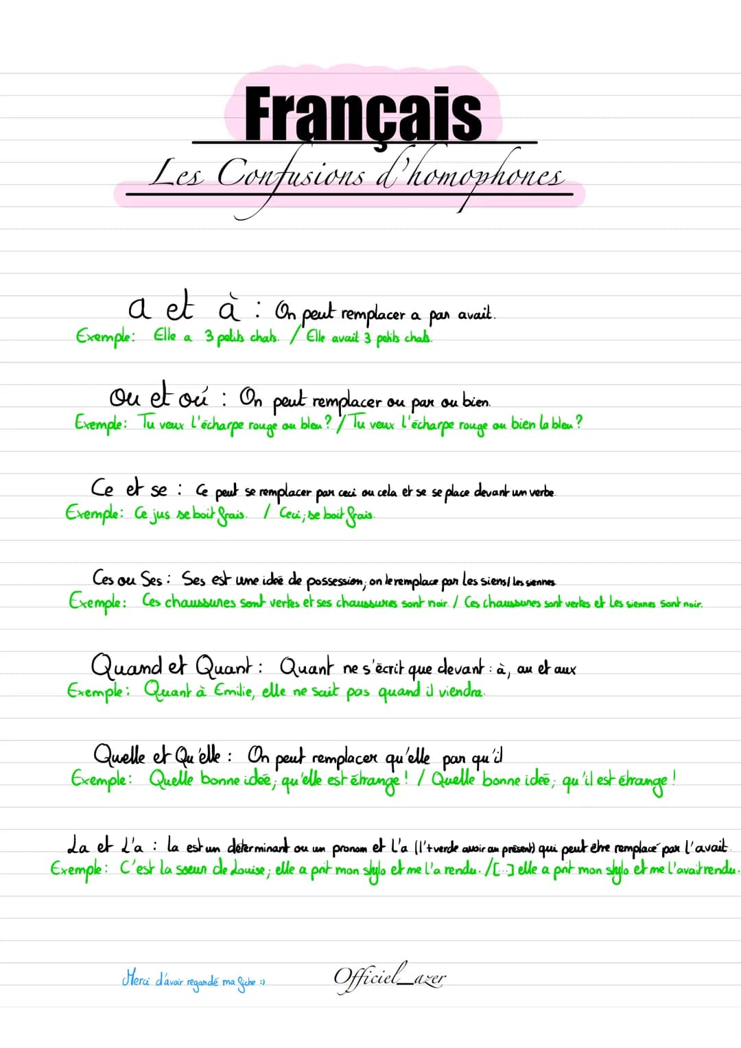 Français
Les Confusions d'homophones
a et à : On peut remplacer a par avait.
Exemple: Elle a 3 petits chats. / Elle avait 3 petits chals.
ou