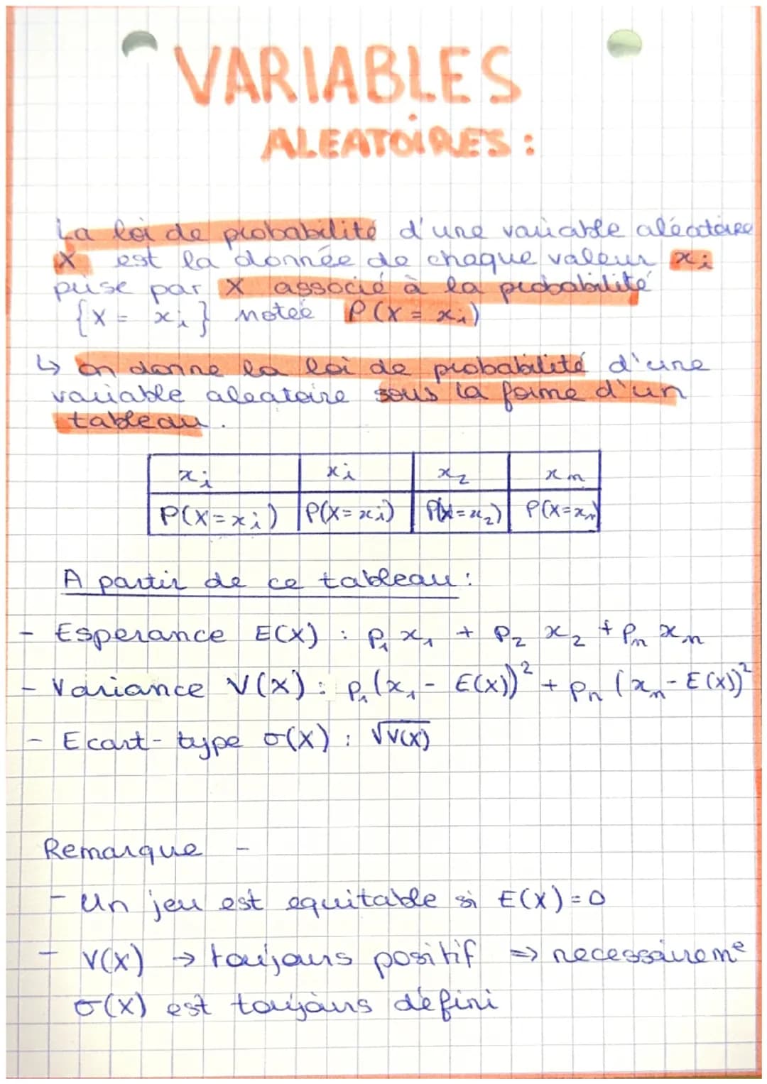 -
VARIABLES
ALEATOIRES:
La loi de probabilité d'une variable aléataRe
X est la donnée de chaque valeur x
puise par X associé à la probabilit