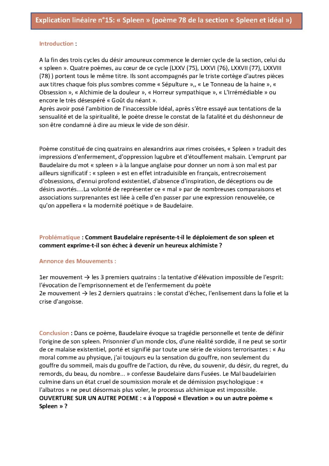 Analyse linéaire des poèmes Spleen de Baudelaire - Spleen 1, 2, 3, 4 en PDF