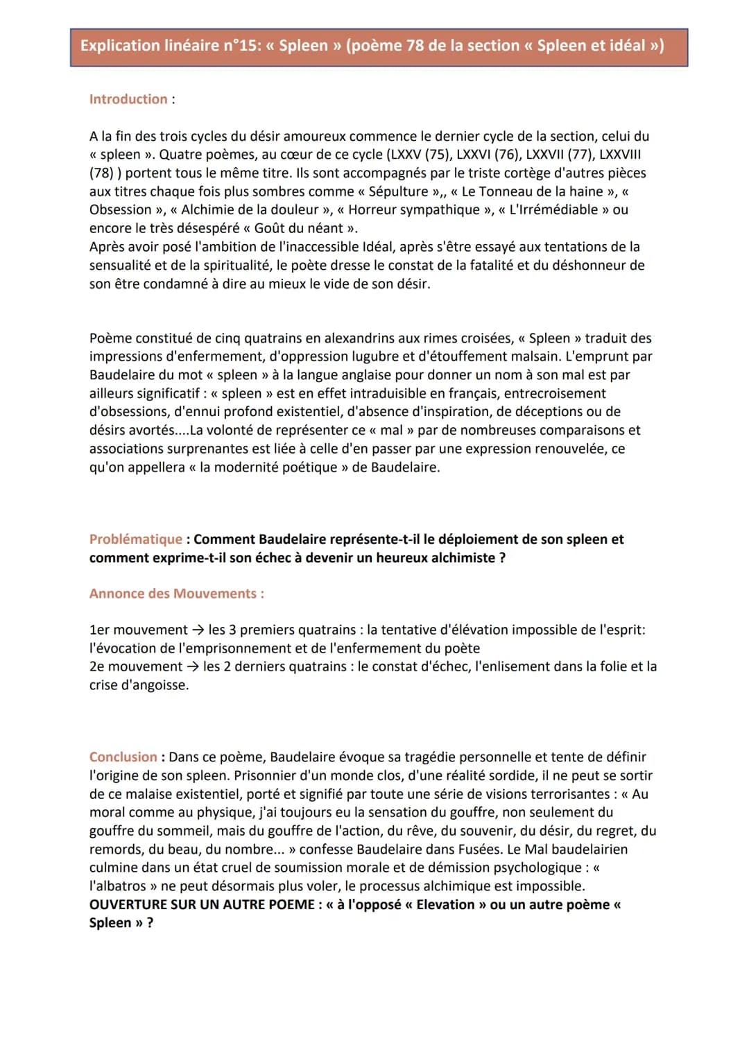 Explication linéaire n°15: << Spleen » (poème 78 de la section << Spleen et idéal »)
Introduction :
A la fin des trois cycles du désir amour