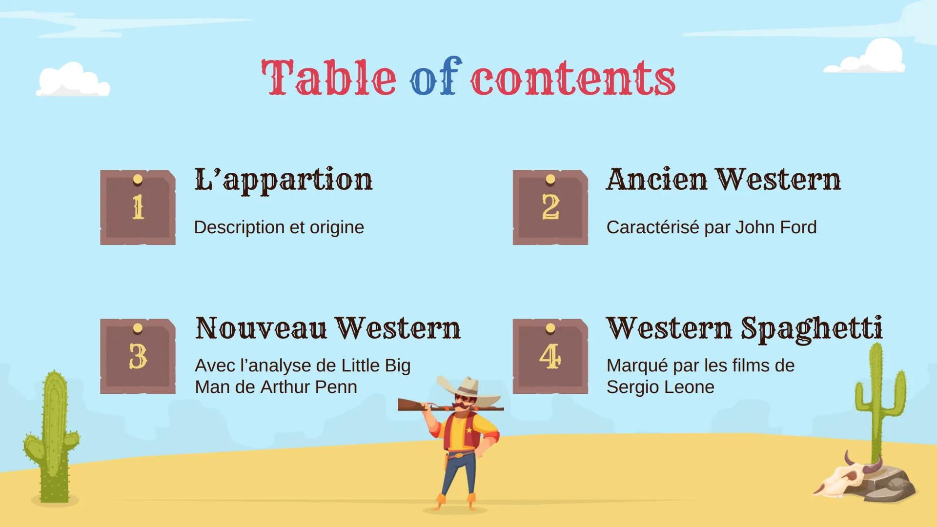 Films Lesson
Western
Genre
子说
Histoire et évolution du Western
‒‒‒‒ 1
3
Table of contents
L'appartion
Description et origine
Nouveau Western