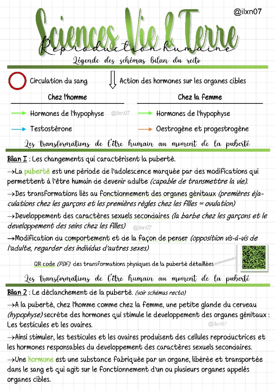 SCIENCES. VIE & TERRE la reproduction humaine (bilans) (chapitre 1/3) (fiche quadrillée)
