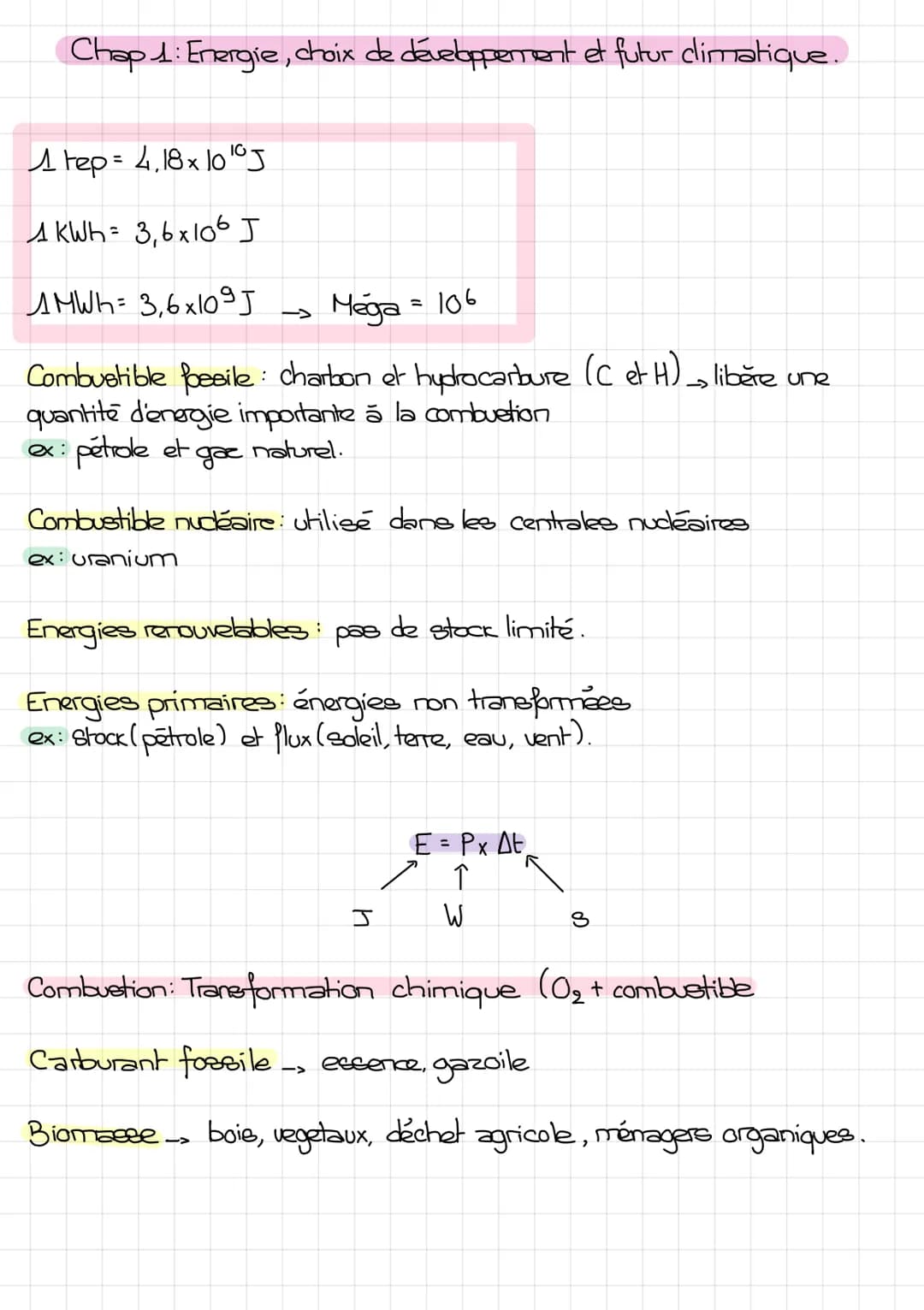 Chap 1: Energie, choix de développement et futur climatique.
1 tep= 4,18x 100J
AKWh= 3,6x106 J
AMWh= 3,6х1095
Mega = 106
Combustible fossile