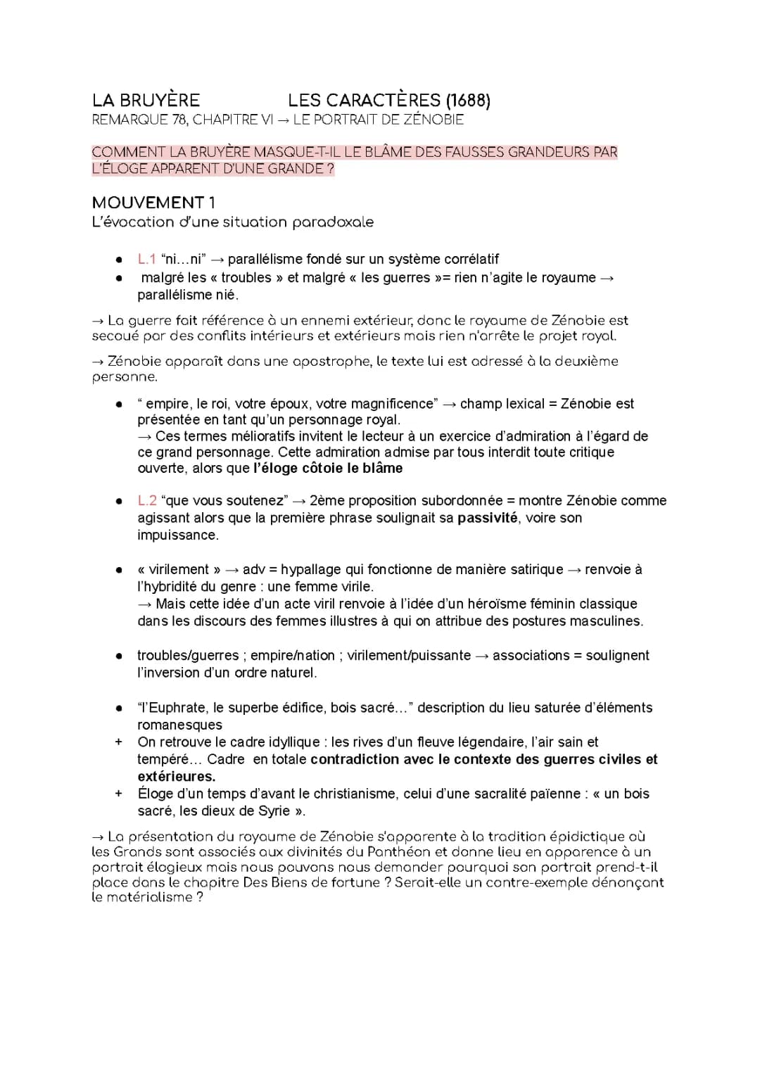 Analyse du portrait de Zénobie dans Les Caractères de La Bruyère