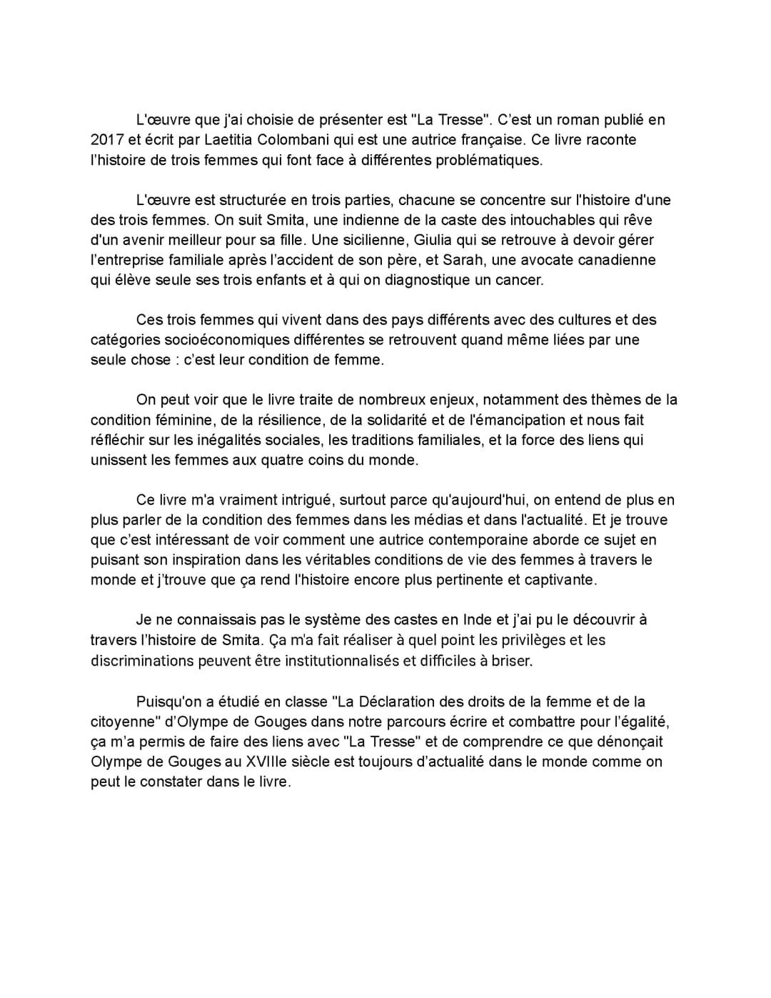 Oral de bac de français - Résumé La Tresse - Colombani