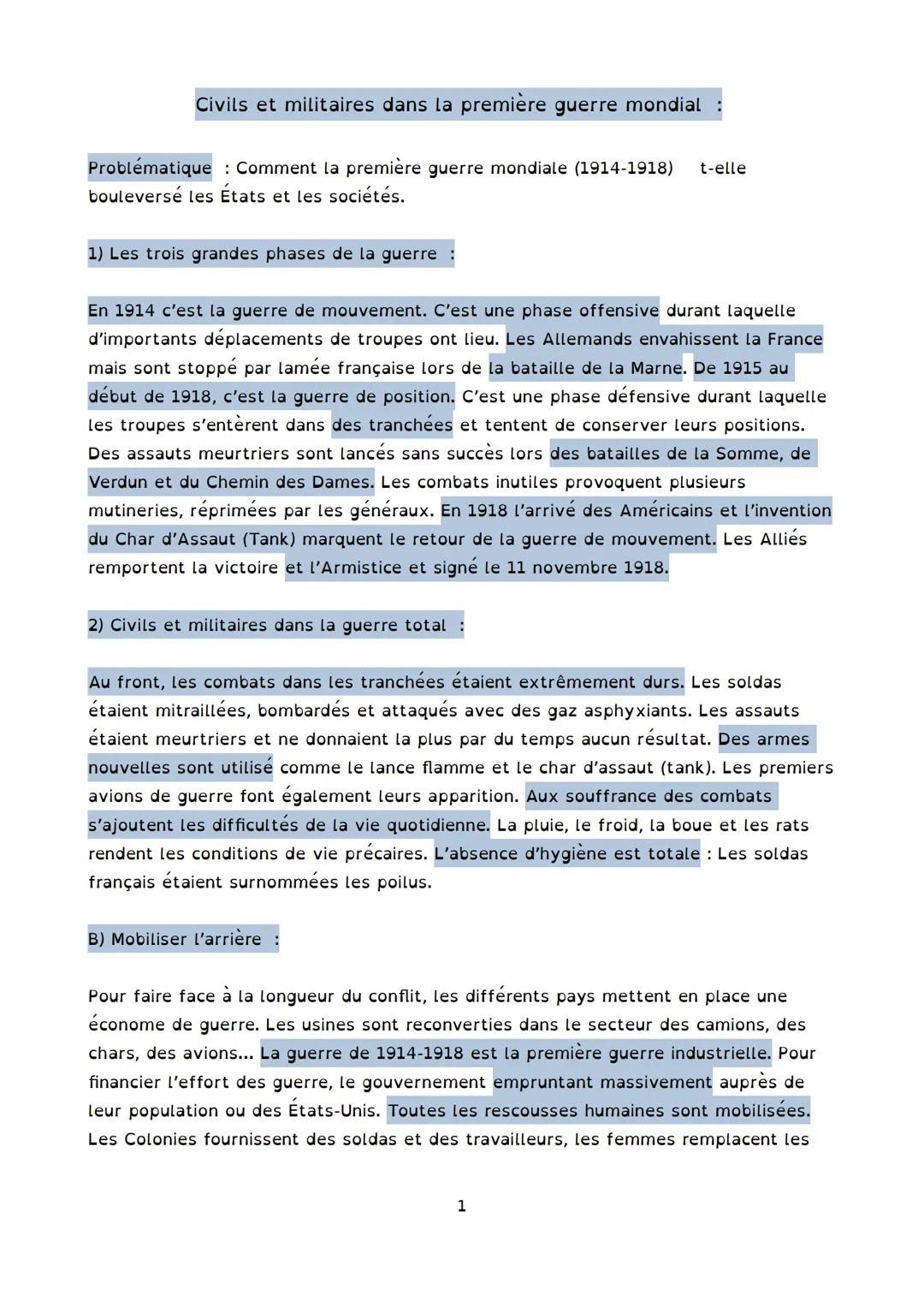 --- OCR Start ---
Civils et militaires dans la première guerre mondial
Problématique: Comment la première guerre mondiale (1914-1918) t-elle