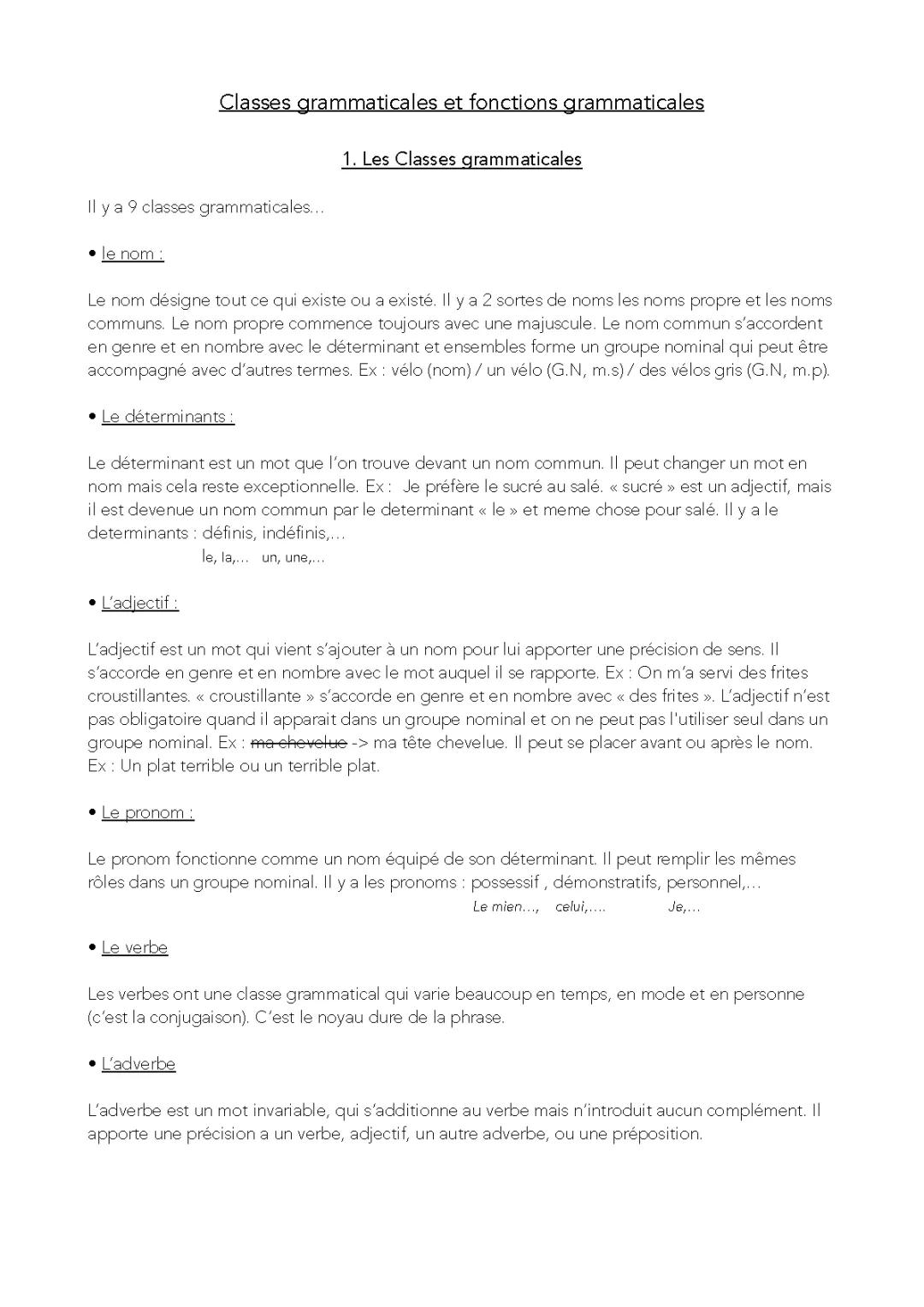 Fiche Révision Classe et Fonction Grammaticale 3ème Brevet avec Exercices PDF