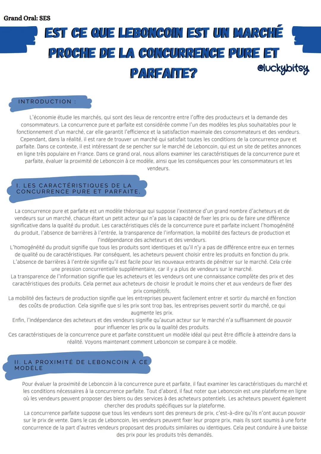 Grand Oral: SES
EST CE QUE LEBONCOIN EST UN MARCHE
PROCHE DE LA CONCURRENCE PURE ET
PARFAITE?
INTRODUCTION :
L'économie étudie les marchés, 