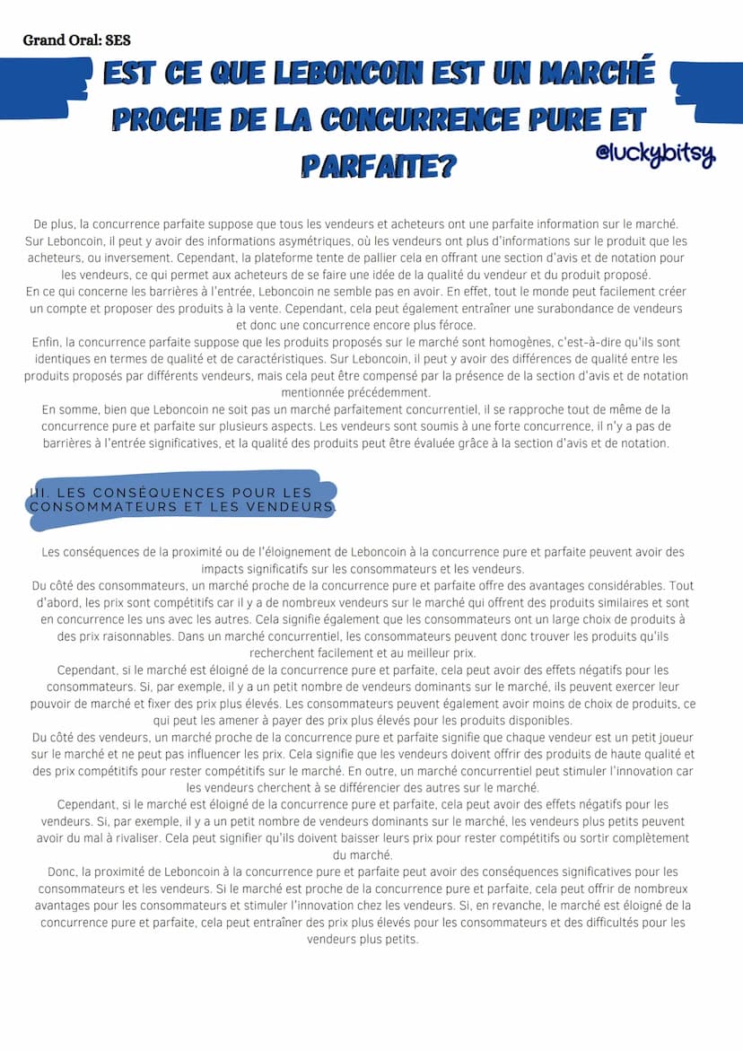 Grand Oral: SES
EST CE QUE LEBONCOIN EST UN MARCHE
PROCHE DE LA CONCURRENCE PURE ET
PARFAITE?
INTRODUCTION :
L'économie étudie les marchés, 