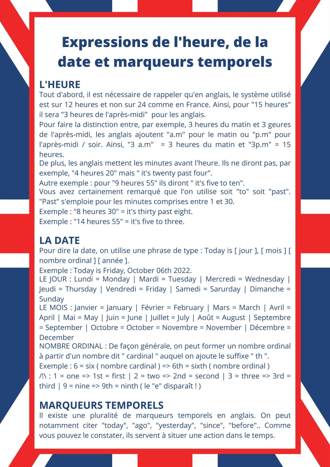 Expressions de l'heure, de la
date et marqueurs temporels
L'HEURE
Tout d'abord, il est nécessaire de rappeler qu'en anglais, le système util