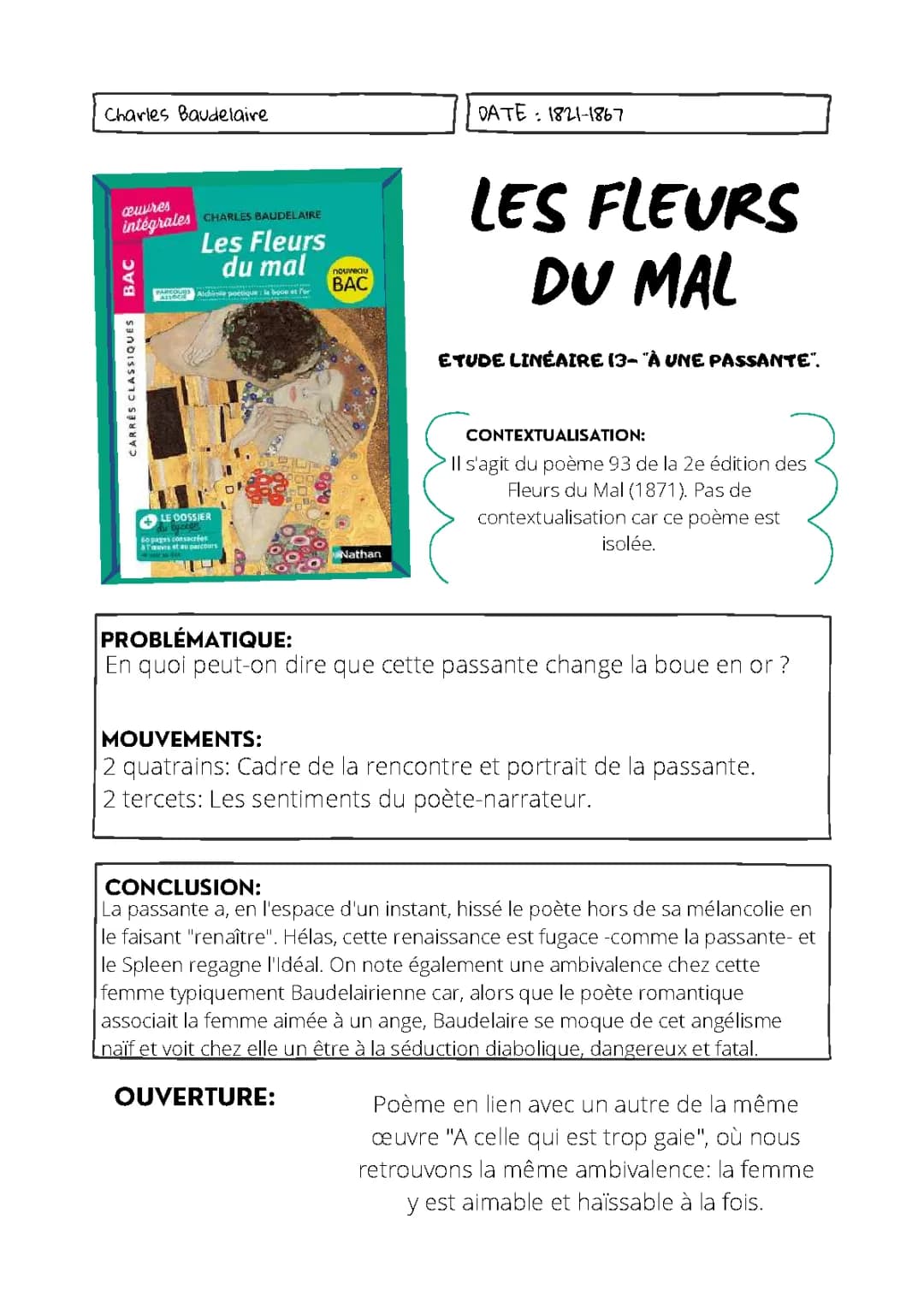 A une Passante de Baudelaire : Analyse Collège et PDF Facile