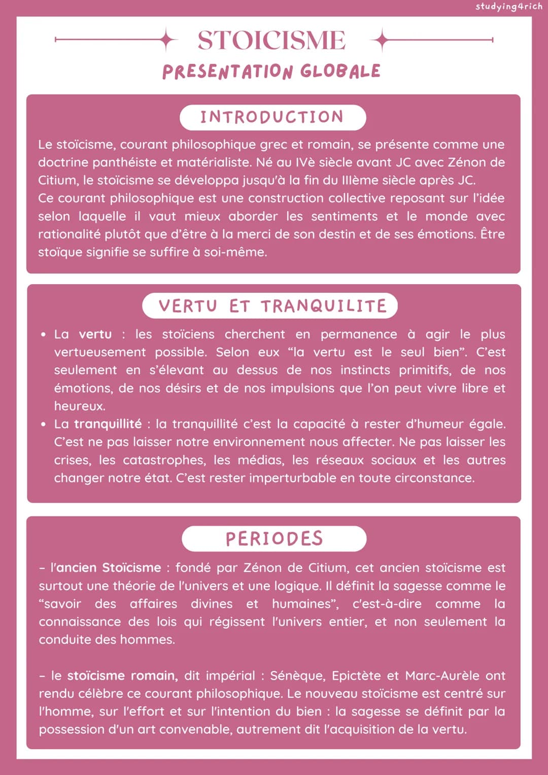 STOICISME
PRESENTATION GLOBALE
studying4rich
INTRODUCTION
Le stoïcisme, courant philosophique grec et romain, se présente comme une
doctrine