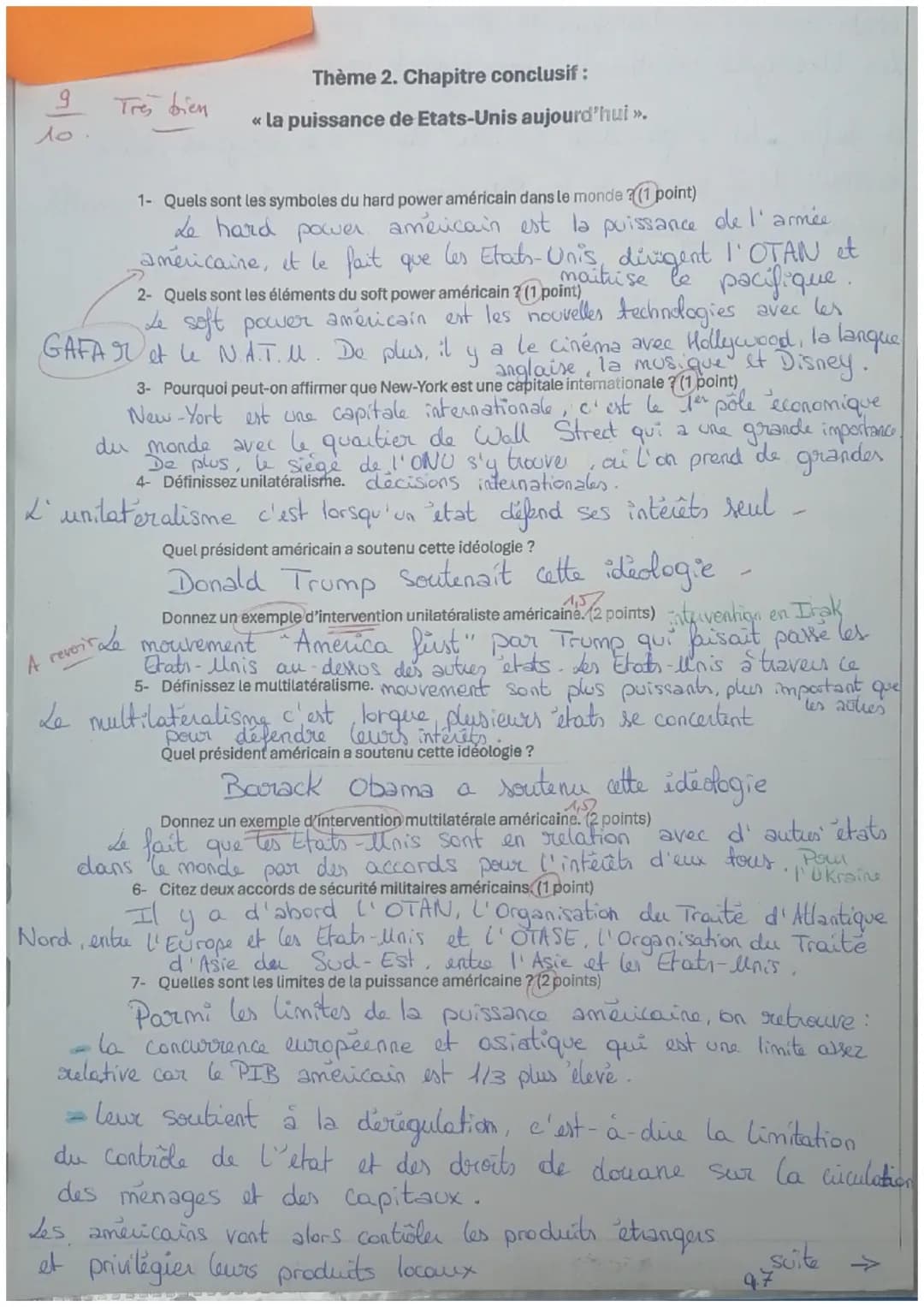9
Ло
Très bien
Thème 2. Chapitre conclusif:
« la puissance de Etats-Unis aujourd'hui »>.
1- Quels sont les symboles du hard power américain 