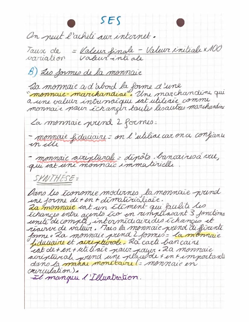 SES
CHAPT ² = Qu'est ce que la monnaie et coment-
cat-elle criče?
I. Les fonctions et les formes de la monnaie.
-
A-Les fonctions de la monn