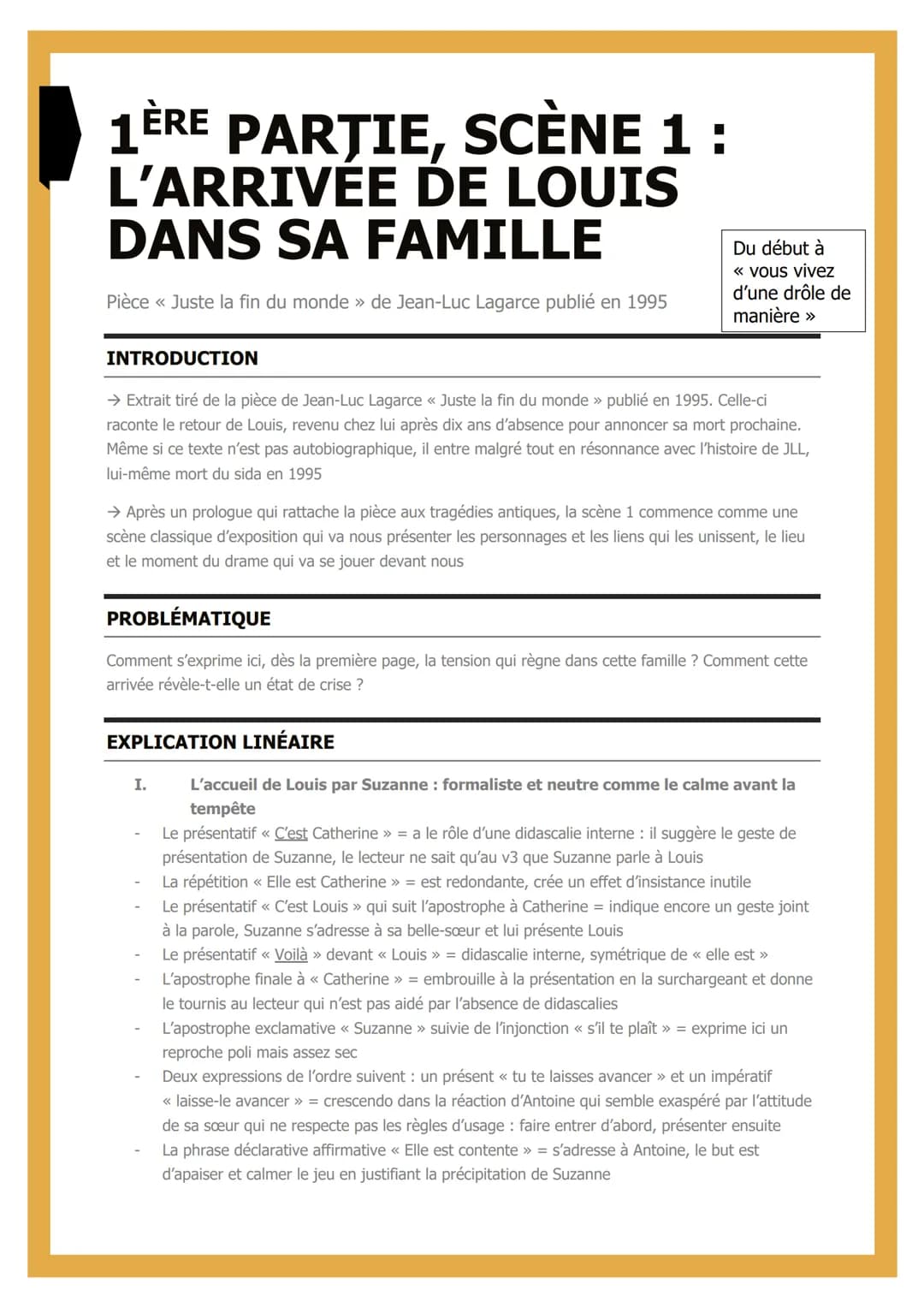 1ÈRE PARȚIE, SCÈNE 1 :
L'ARRIVÉE DE LOUIS
DANS SA FAMILLE
Pièce << Juste la fin du monde » de Jean-Luc Lagarce publié en 1995
INTRODUCTION
→