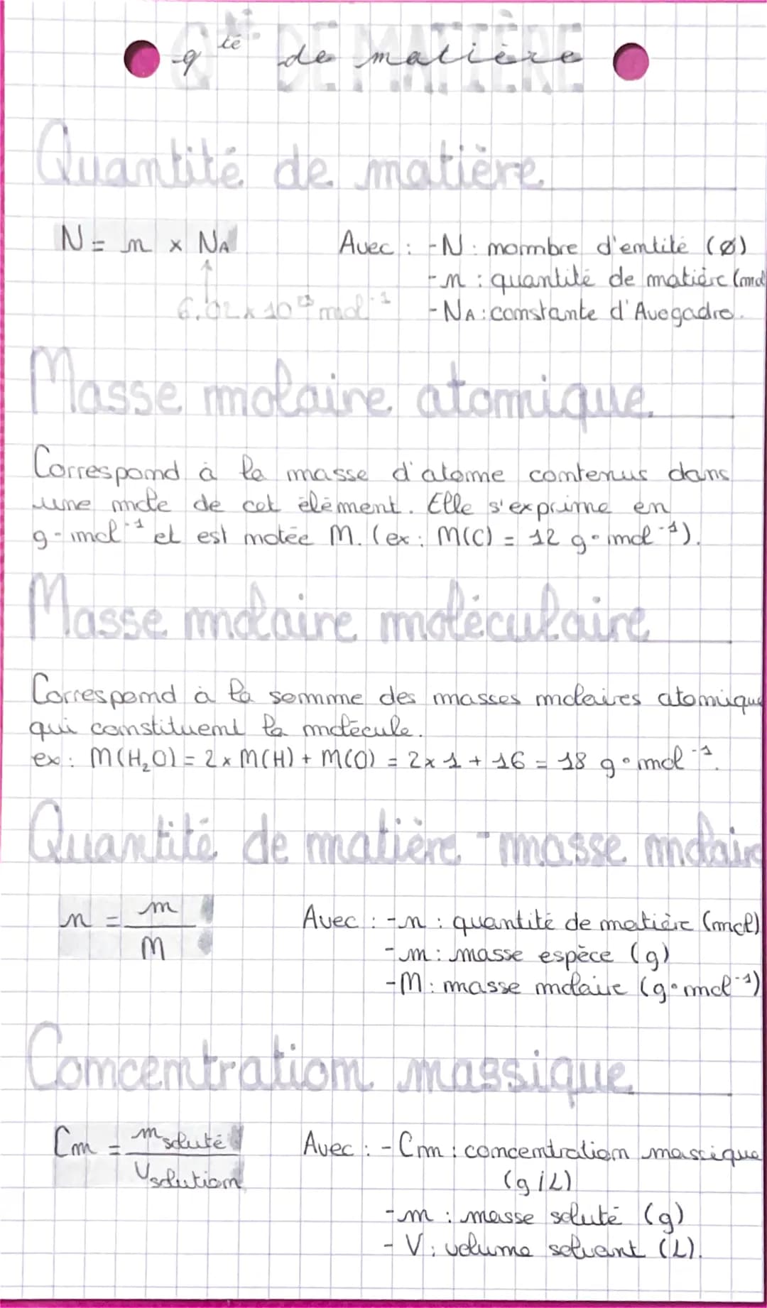 N=
malline
Quantité de matière
q
= m X NA
de
m
6.02 x 10" md 1
Masse molaire atomique
Correspond à la masse d'atome contenus dans
une mole d