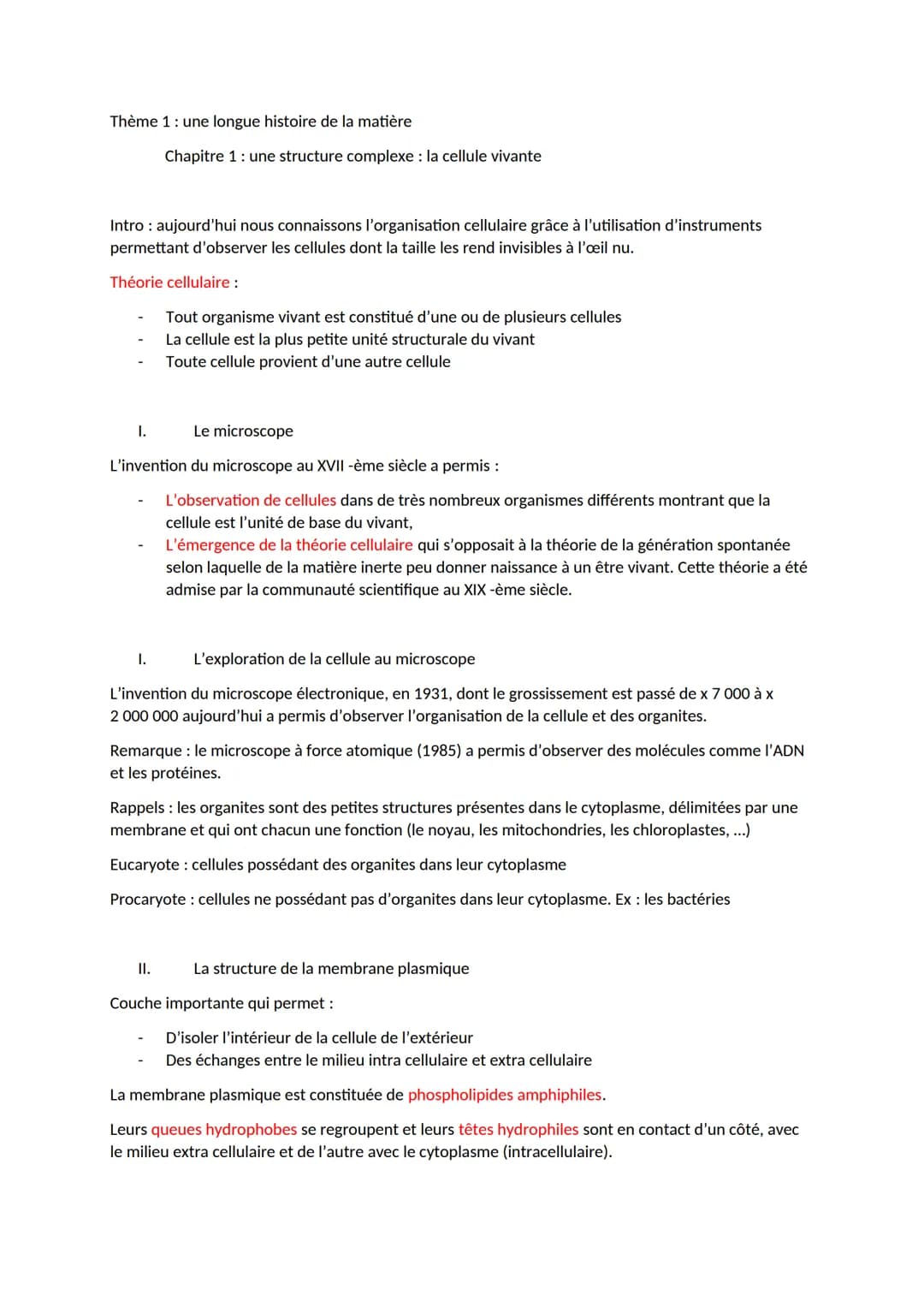 Thème 1: une longue histoire de la matière
Intro : aujourd'hui nous connaissons l'organisation cellulaire grâce à l'utilisation d'instrument