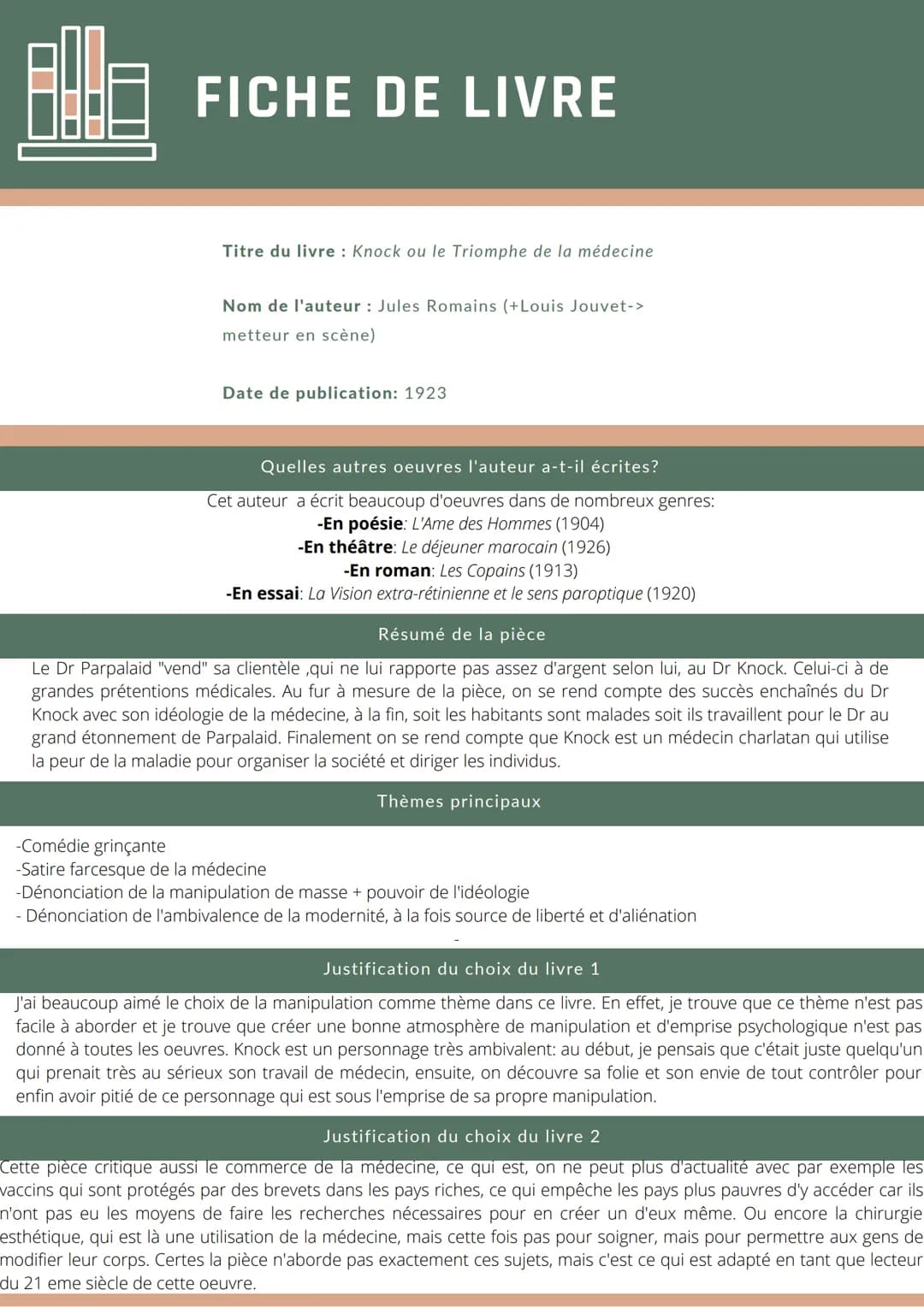 
<p>Le livre "Knock ou le Triomphe de la médecine" a été écrit par Jules Romains en 1923. L'auteur, également connu pour d'autres œuvres tel