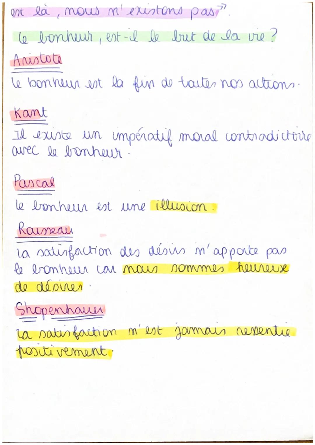 bonheur
Déf: [ bon hewr] = à la bonne heur, bonne fortune
satis faction pleine et entière des besoins et des
désirs
SCHOPENHAUER, le monde c