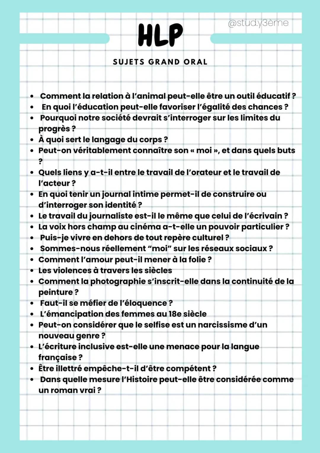 HLP
●
SUJETS GRAND ORAL
Comment la relation à l'animal peut-elle être un outil éducatif ?
En quoi l'éducation peut-elle favoriser l'égalité 