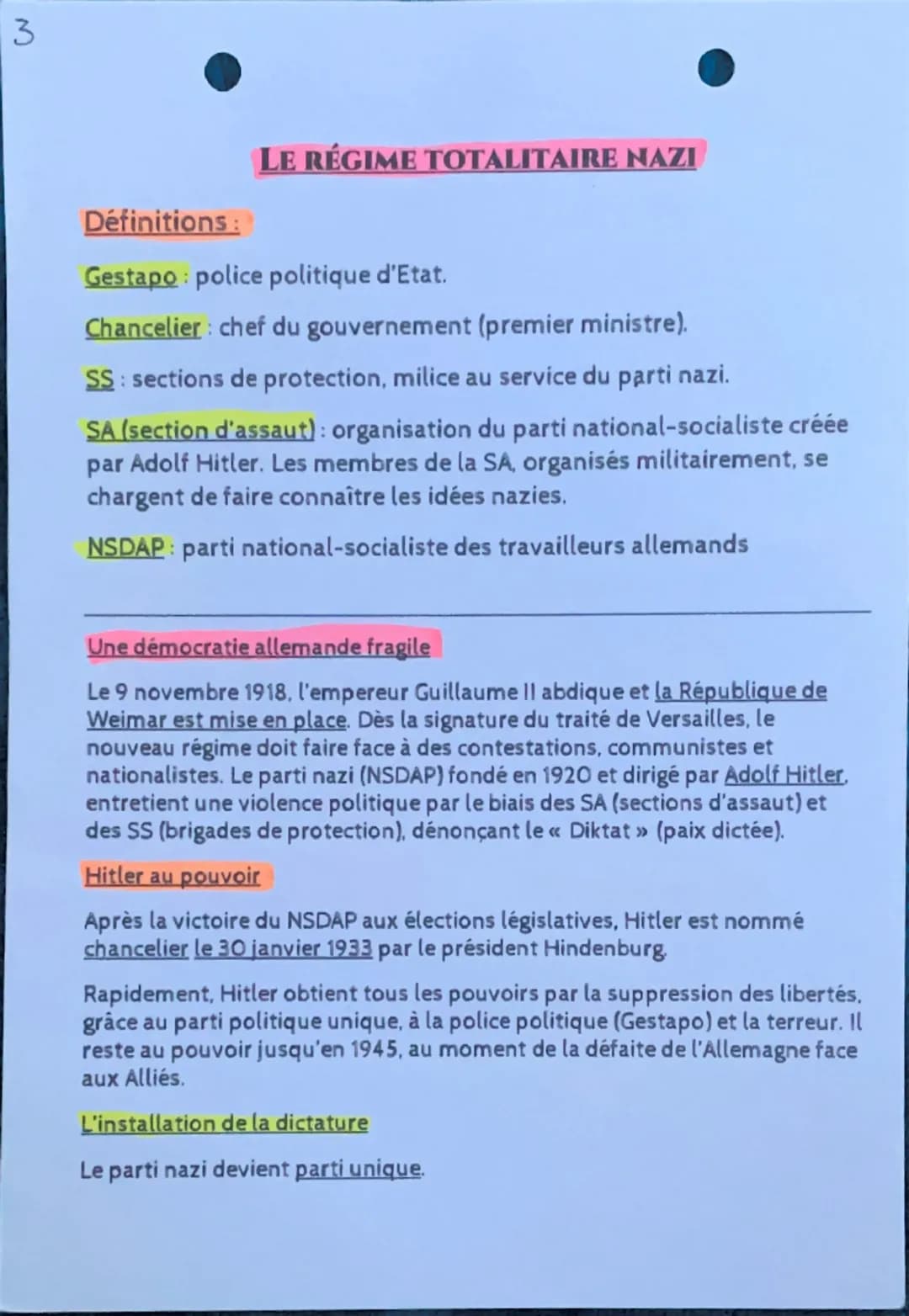 3

LE RÉGIME TOTALITAIRE NAZI

Définitions:

Gestapo: police politique d'Etat.
Chancelier: chef du gouvernement (premier ministre).
SS: sect