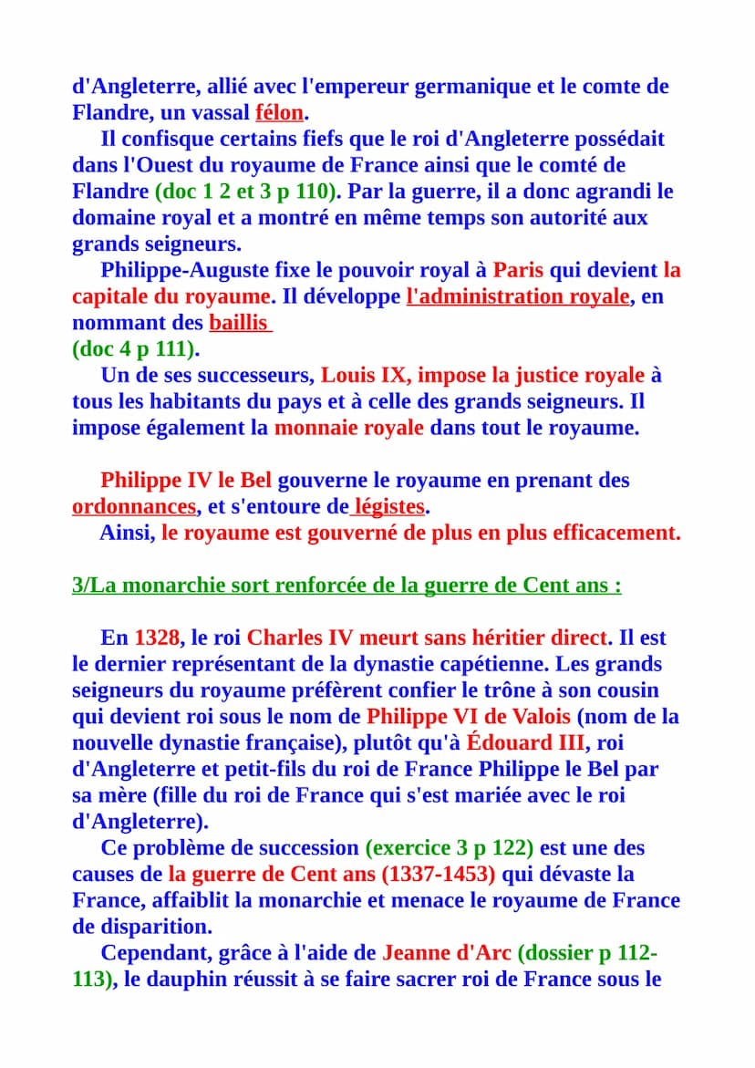 L'affirmation de l'État monarchique dans le royaume des
Capétiens et des Valois
Problématique :
-Comment les rois de France s'imposent-ils f