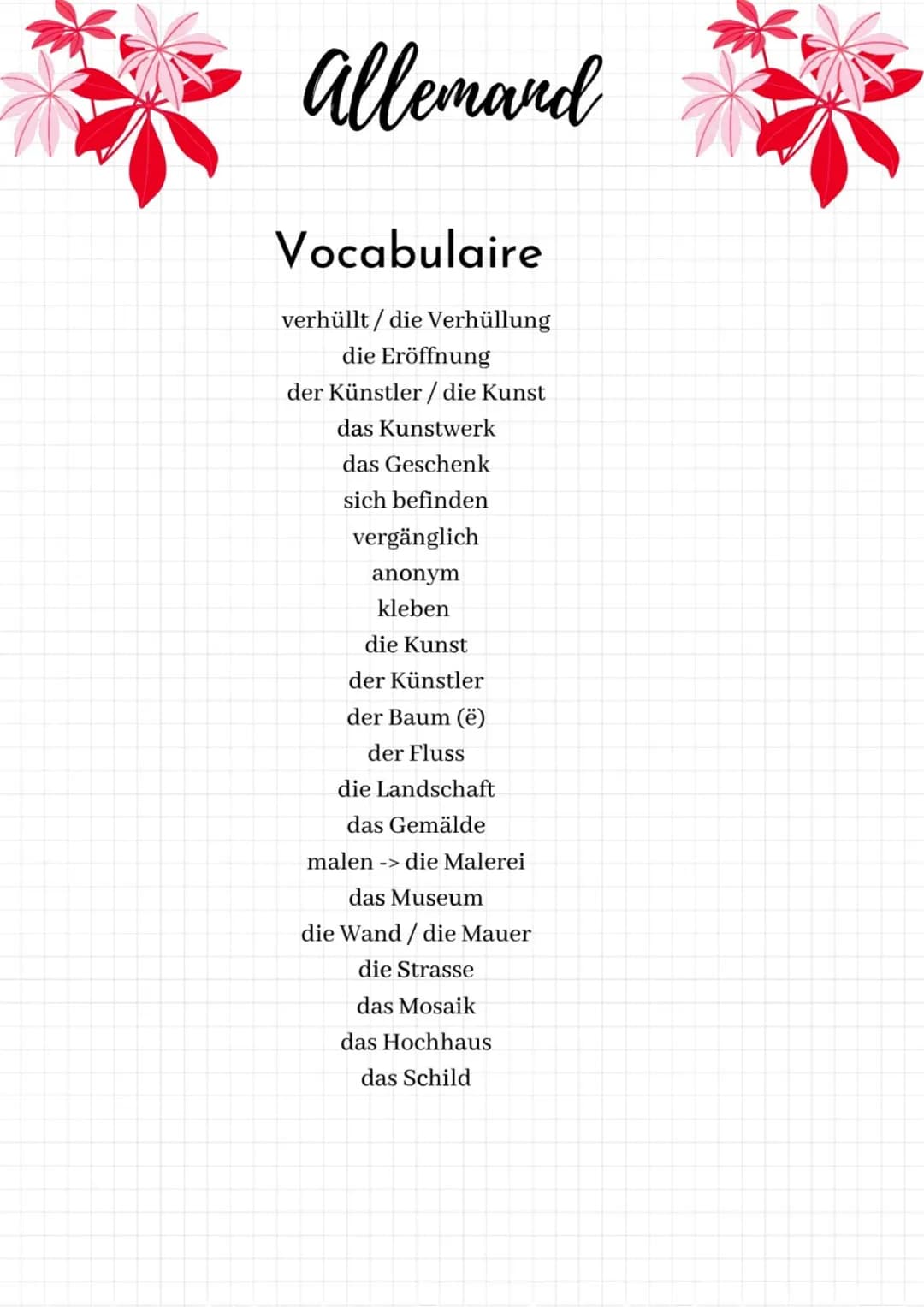Allemand
Vocabulaire
verhüllt/die Verhüllung
die Eröffnung
der Künstler / die Kunst
das Kunstwerk
das Geschenk
sich befinden
vergänglich
ano