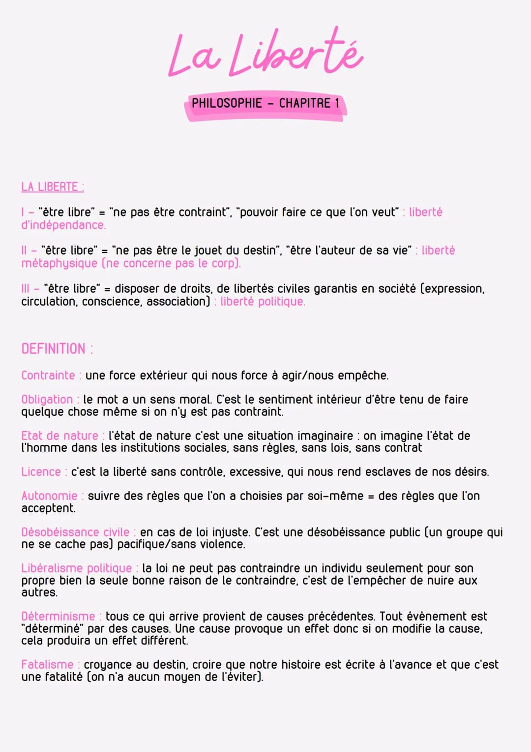 La Liberté
PHILOSOPHIE CHAPITRE 1
-
LA LIBERTE :
| - "être libre" = "ne pas être contraint", "pouvoir faire ce que l'on veut" : liberté
d'in