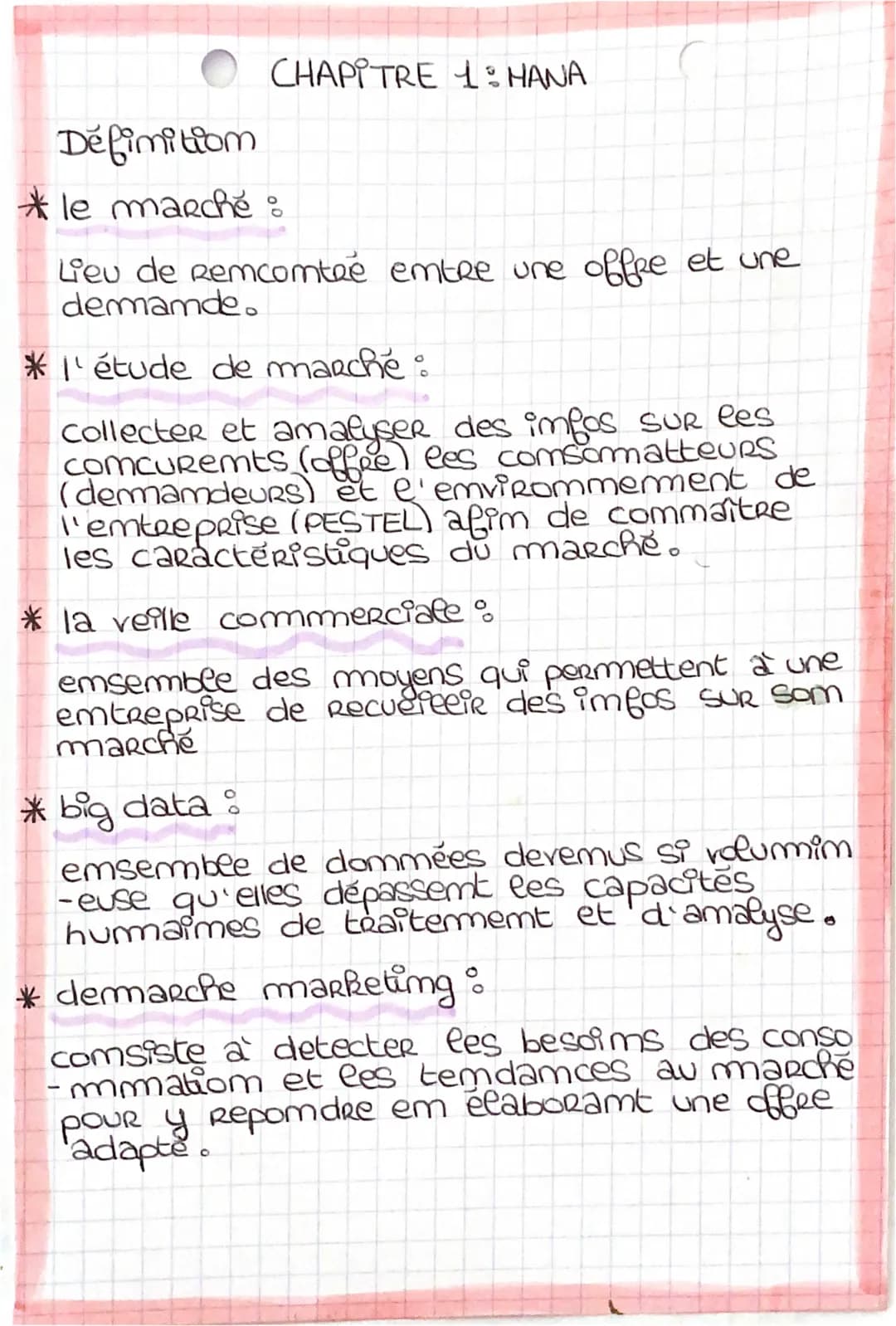 CHAPITRE 1: HANA
Définition
* le marché :
Lieu de Remcomtre emtre une offre et une
demande.
*l'étude de marché :
Collecter et amalyser des i
