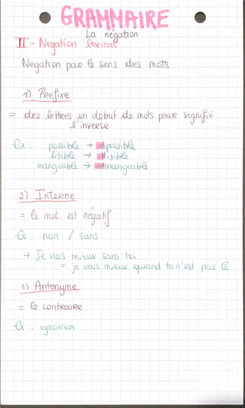 • GRAMMAIRE
LA NEGATION
I - Negation syntaxique
Lorsque l'on Retrouve «ne» dans la
phrase
1) Negation totale
Ne + pas / point / gueRe
Ex: Je