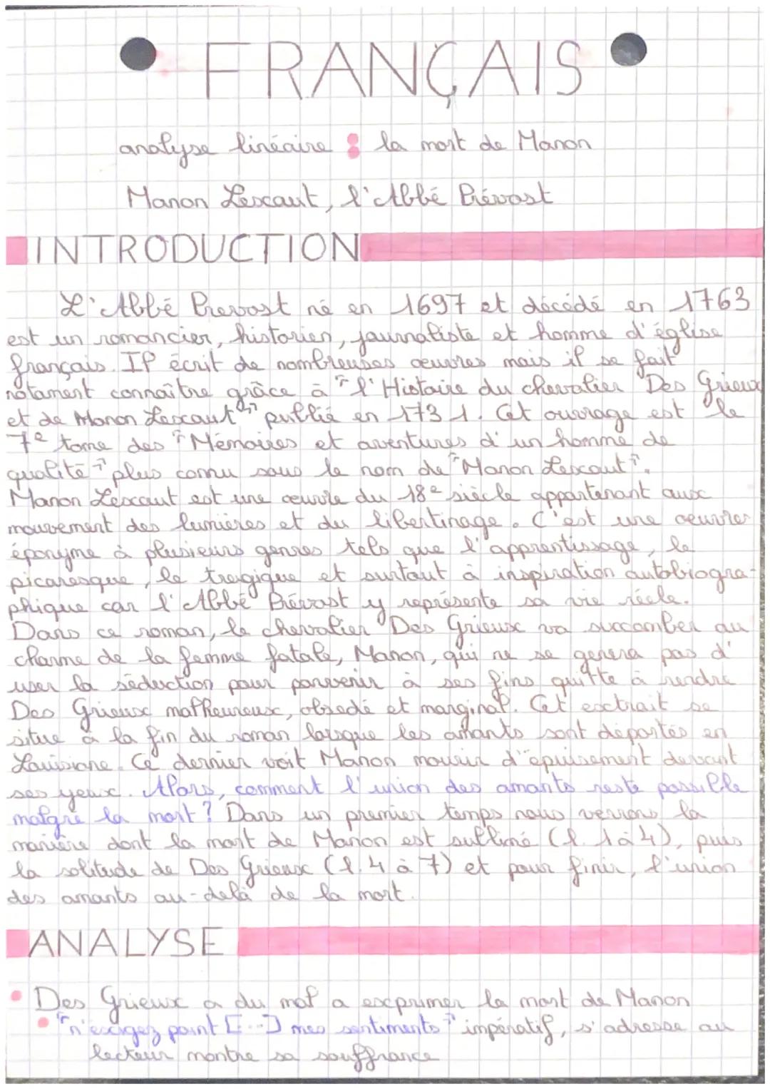 # FRANÇAIS

analyse linéaire la mort de Manon

Manon Lescaut l'Abbé Prévost

INTRODUCTION

L'Abbé Prevost né en 1697 et décédé en 1763
est u