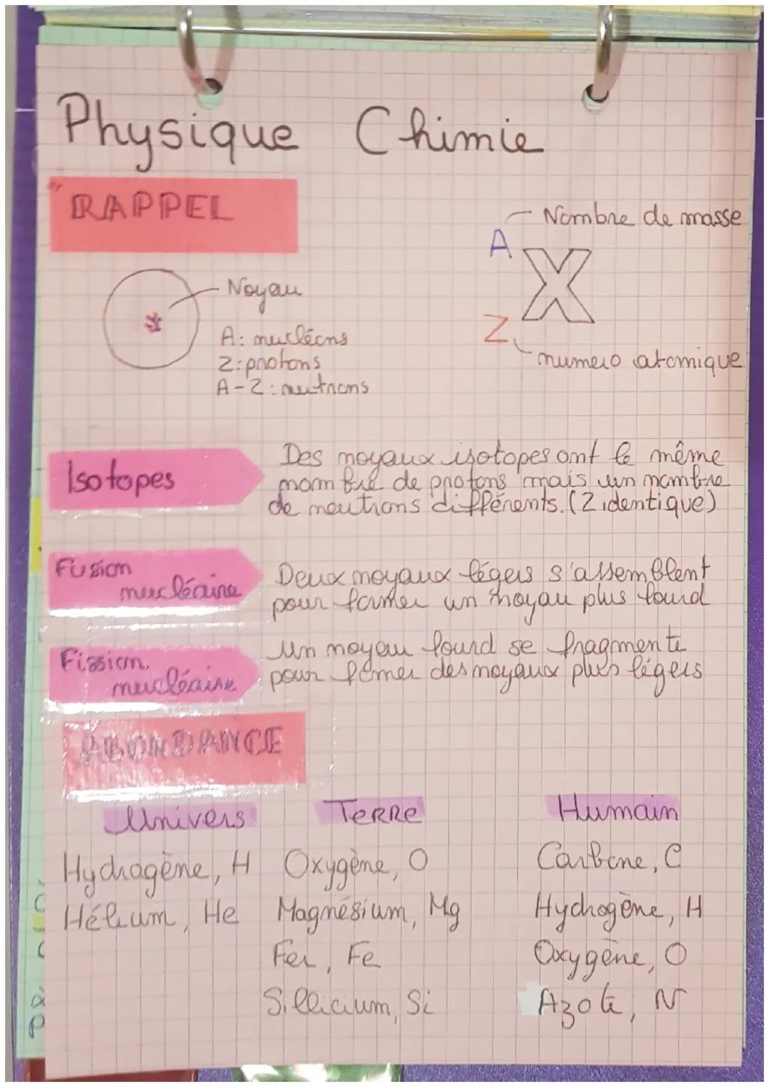 # Physique Chimie

RAPPEL

* Noyau

 A: nucléans

 2:protons

 A-2: mutions

Isotopes Des noyaux isotopes ont le même
mom bre de protons mai
