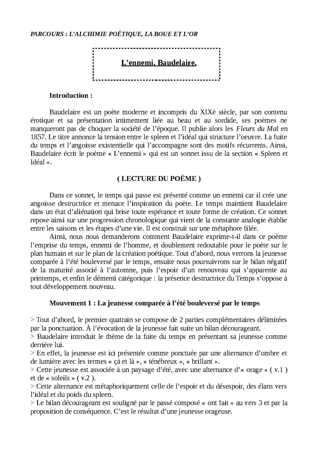L'ennemi Baudelaire Texte PDF - Introduction et Analyse Linéaire