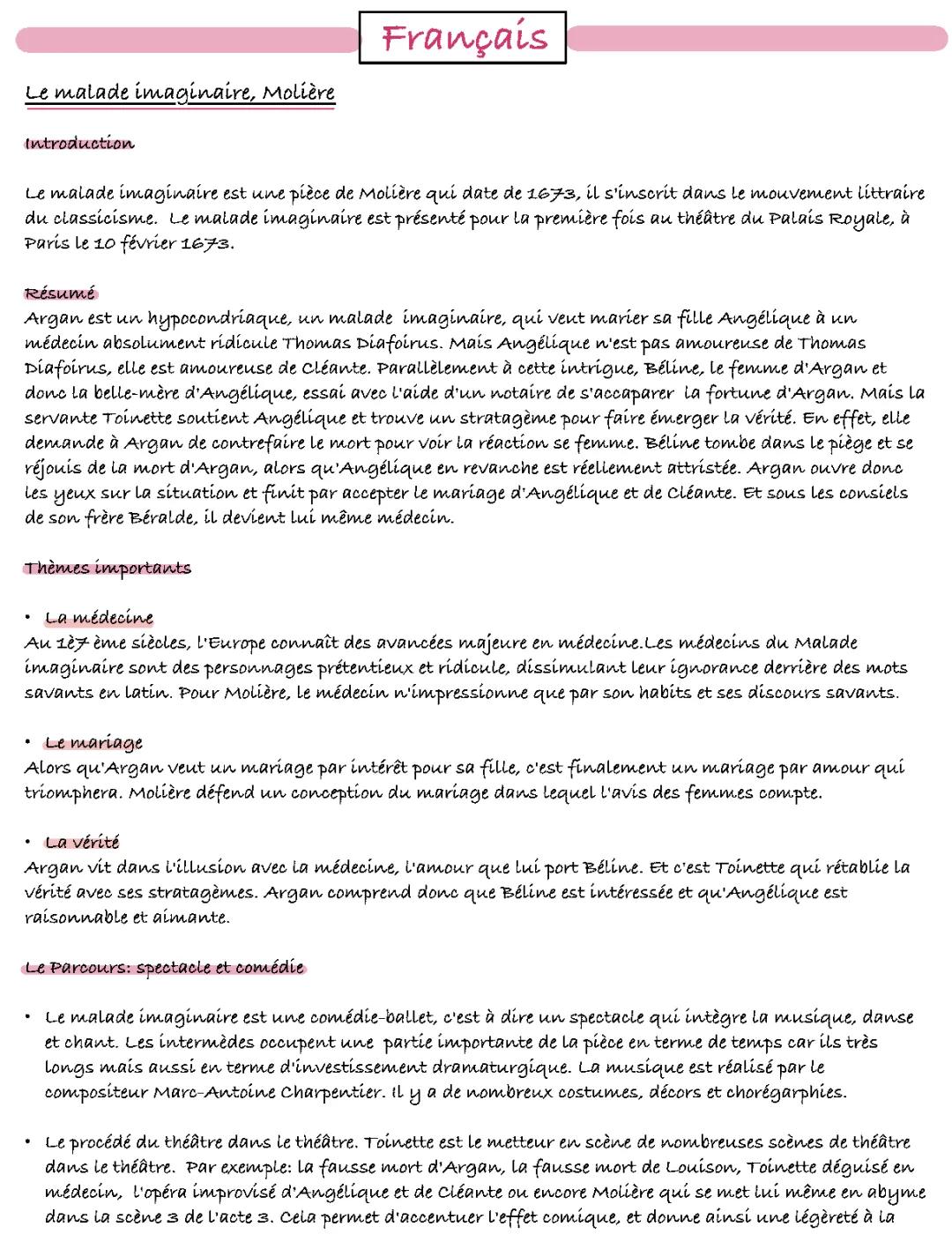 Le Malade Imaginaire Fiche de Lecture PDF et Analyse Bac Français