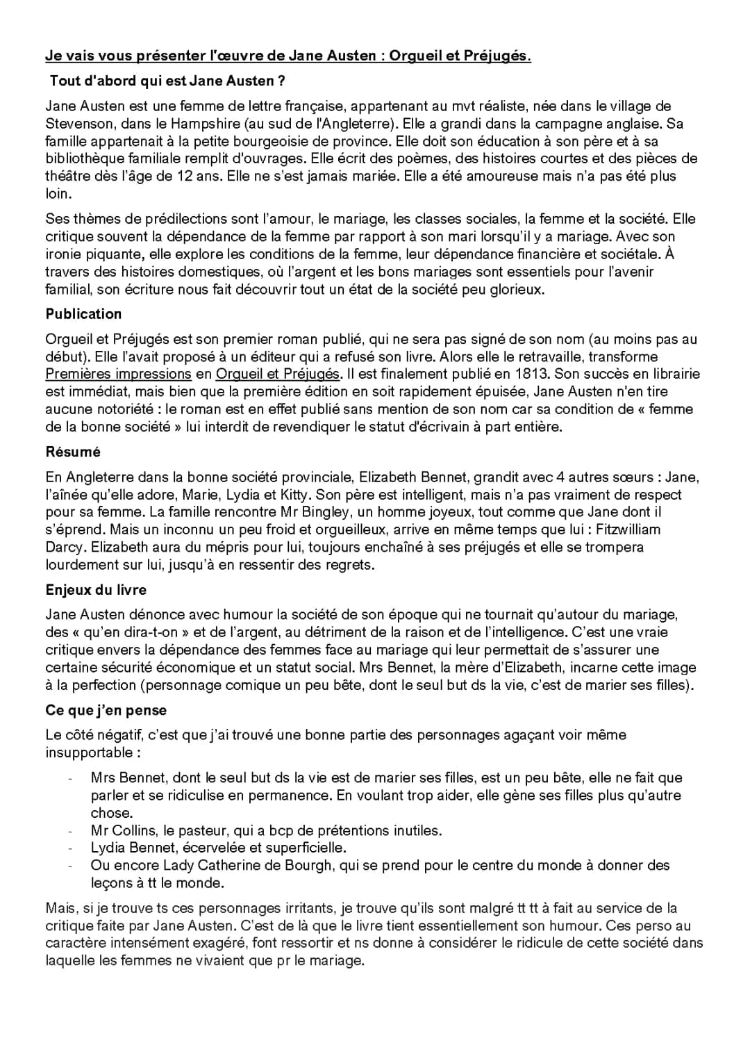 Analyse Complète d'Orgueil et Préjugés de Jane Austen
