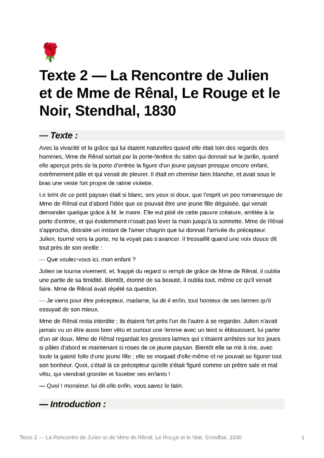 Analyse linéaire Le Rouge et le Noir - Julien et Madame de Rênal