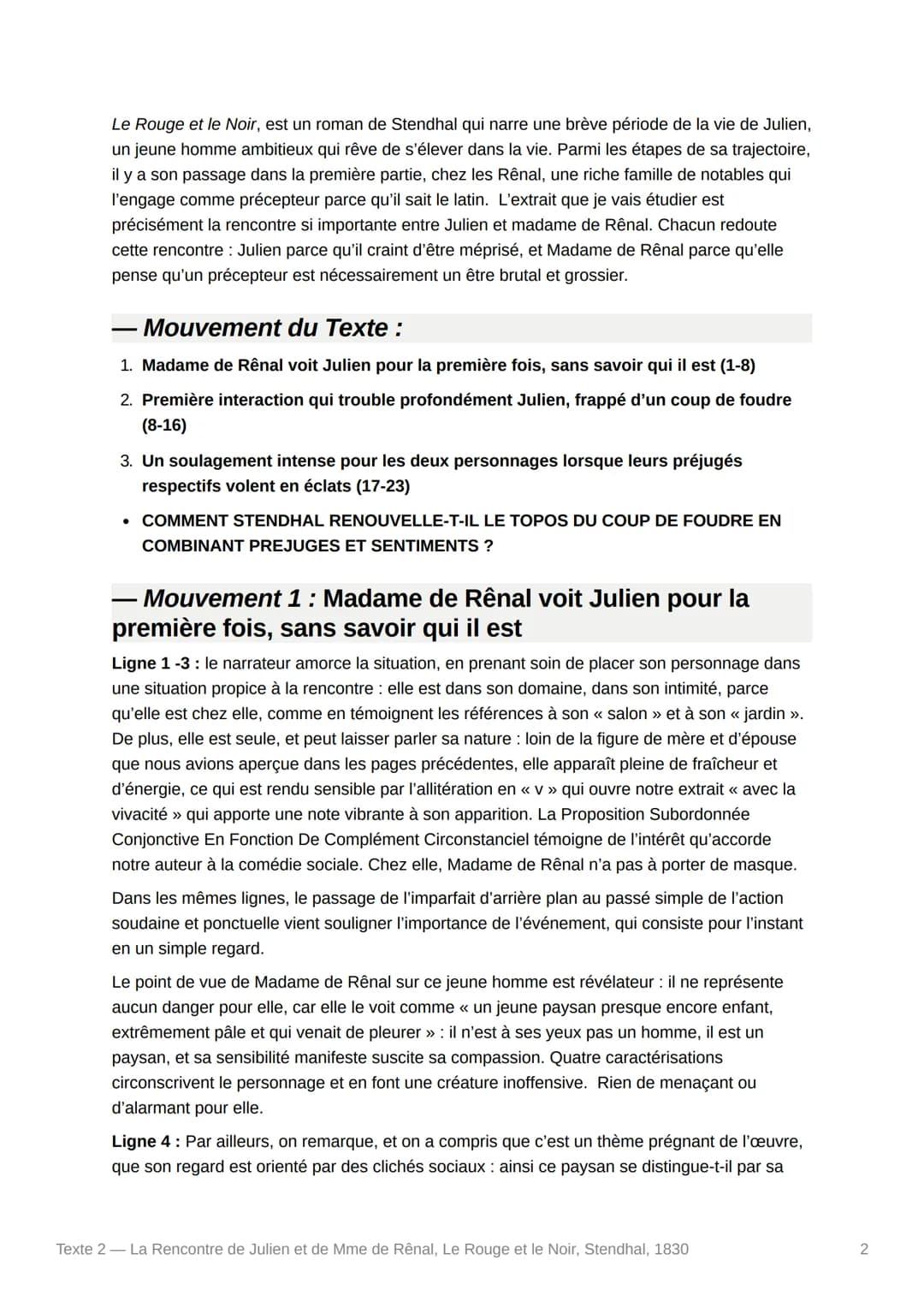 Texte 2 - La Rencontre de Julien
et de Mme de Rênal, Le Rouge et le
Noir, Stendhal, 1830
Texte :
Avec la vivacité et la grâce qui lui étaien