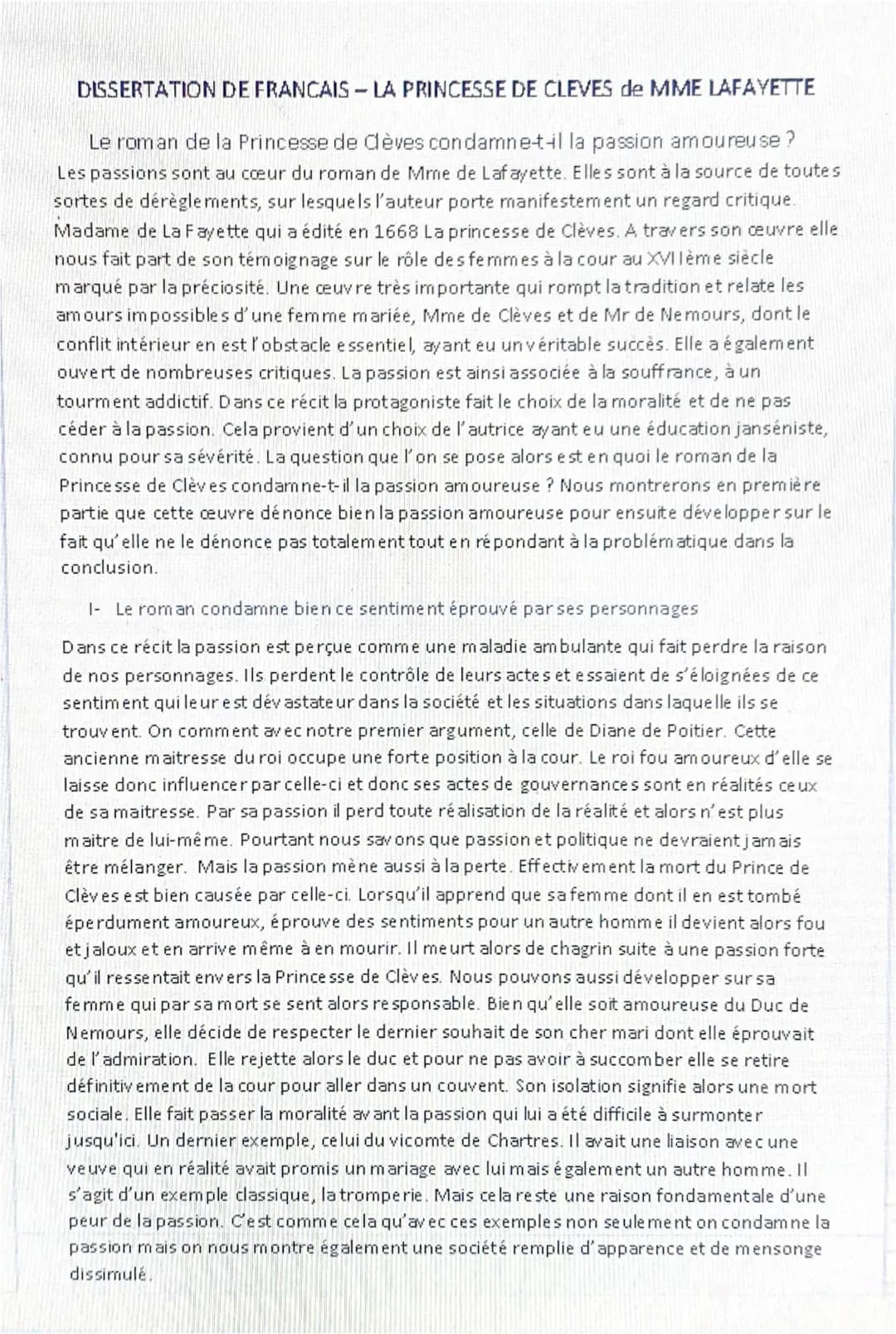 Dissertation Sujet + Corrigé en Français: La Princesse de Clèves Analyse Linéaire et Résumé