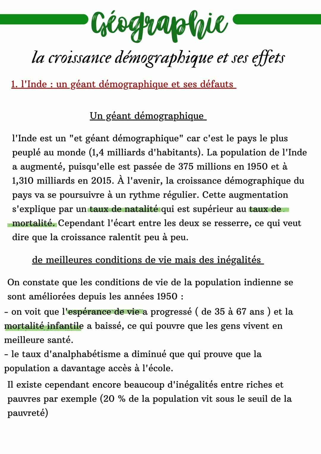 'Géographie
la croissance démographique et ses effets
1. l'Inde : un géant démographique et ses défauts
Un géant démographique
l'Inde est un