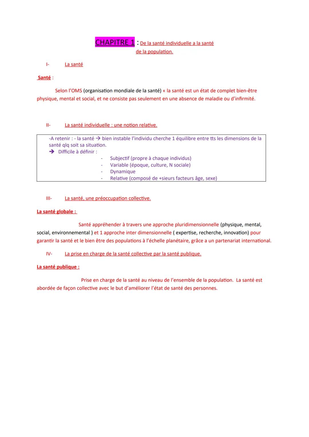 # CHAPITRE 1: De la santé individuelle a la santé
de la population.

1- La santé

**Santé** :

Selon l'OMS (organisation mondiale de la sant